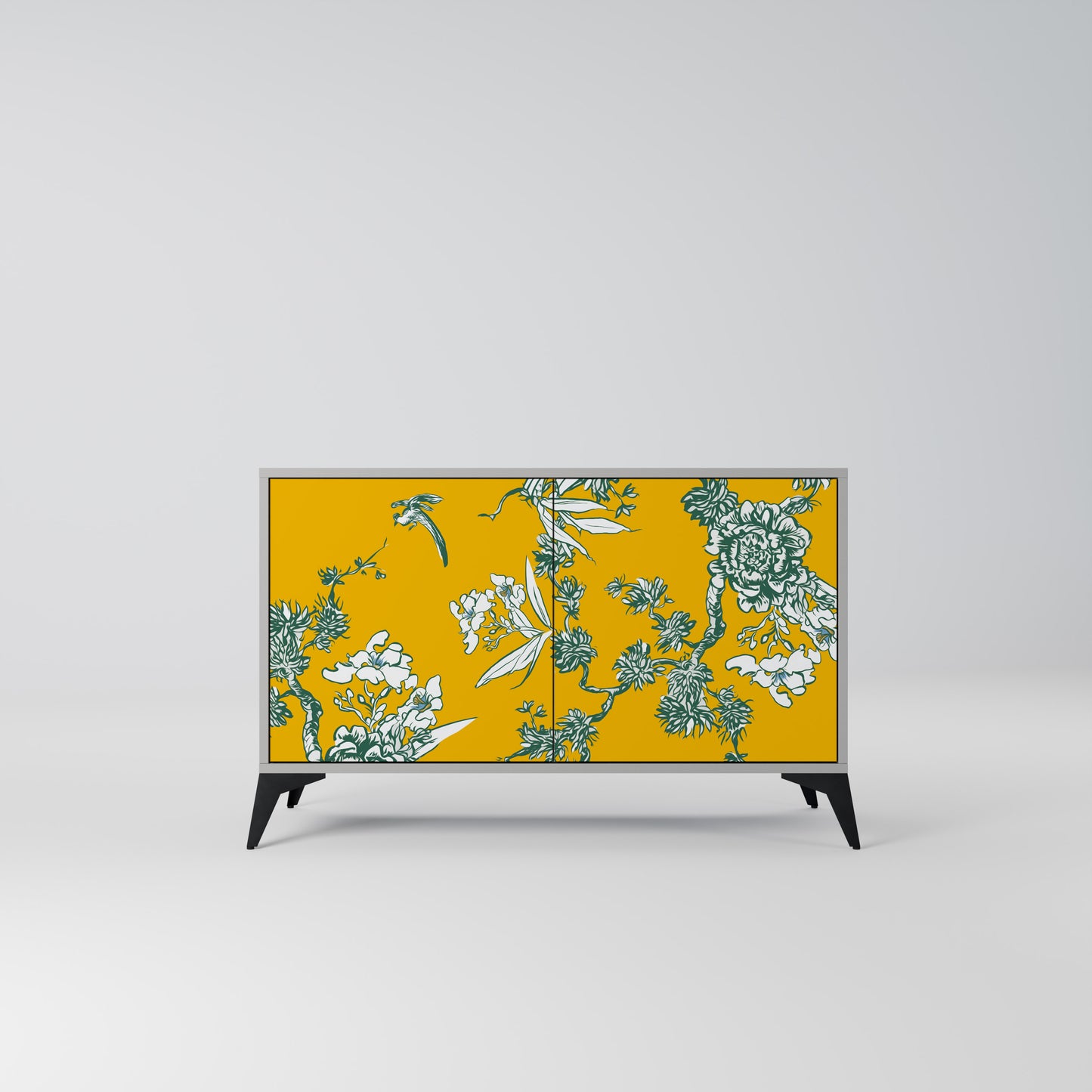 YELLOW CHINOISERIE 2-Door Sideboard in Grey Finish