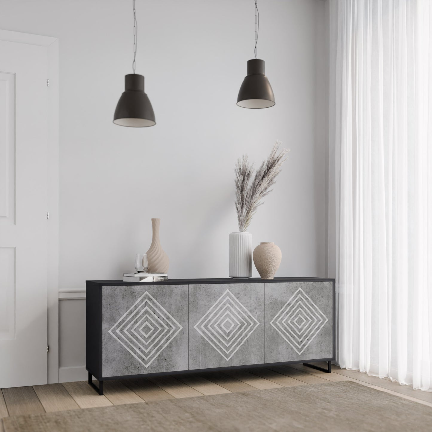 POLYGONAL ARTISTRY 3-dörrars skänk i svart finish