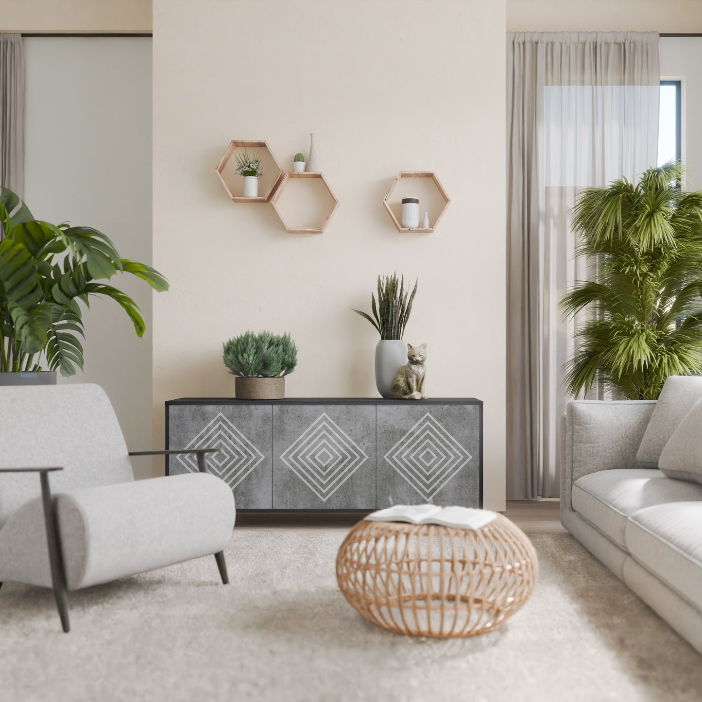 POLYGONAL ARTISTRY 3-dörrars skänk i svart finish