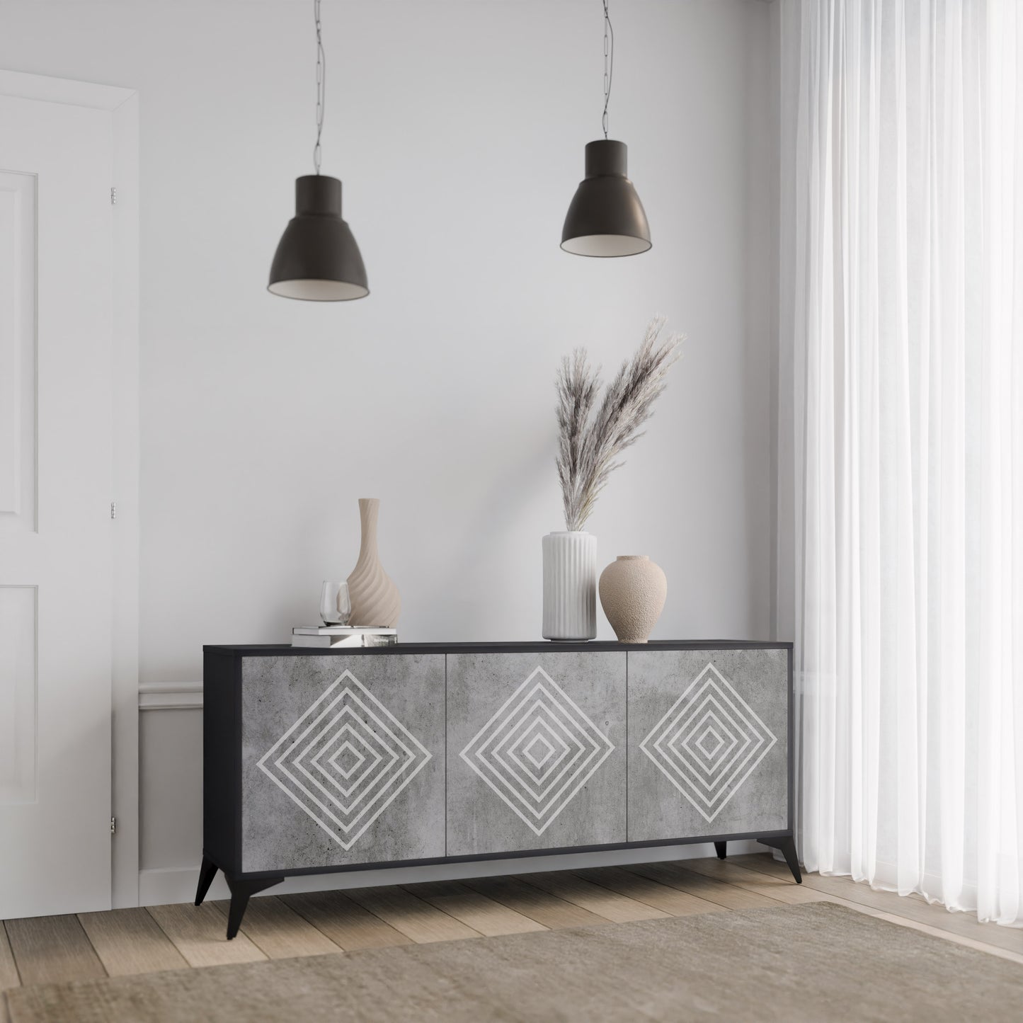 POLYGONAL ARTISTRY 3-dörrars skänk i svart finish
