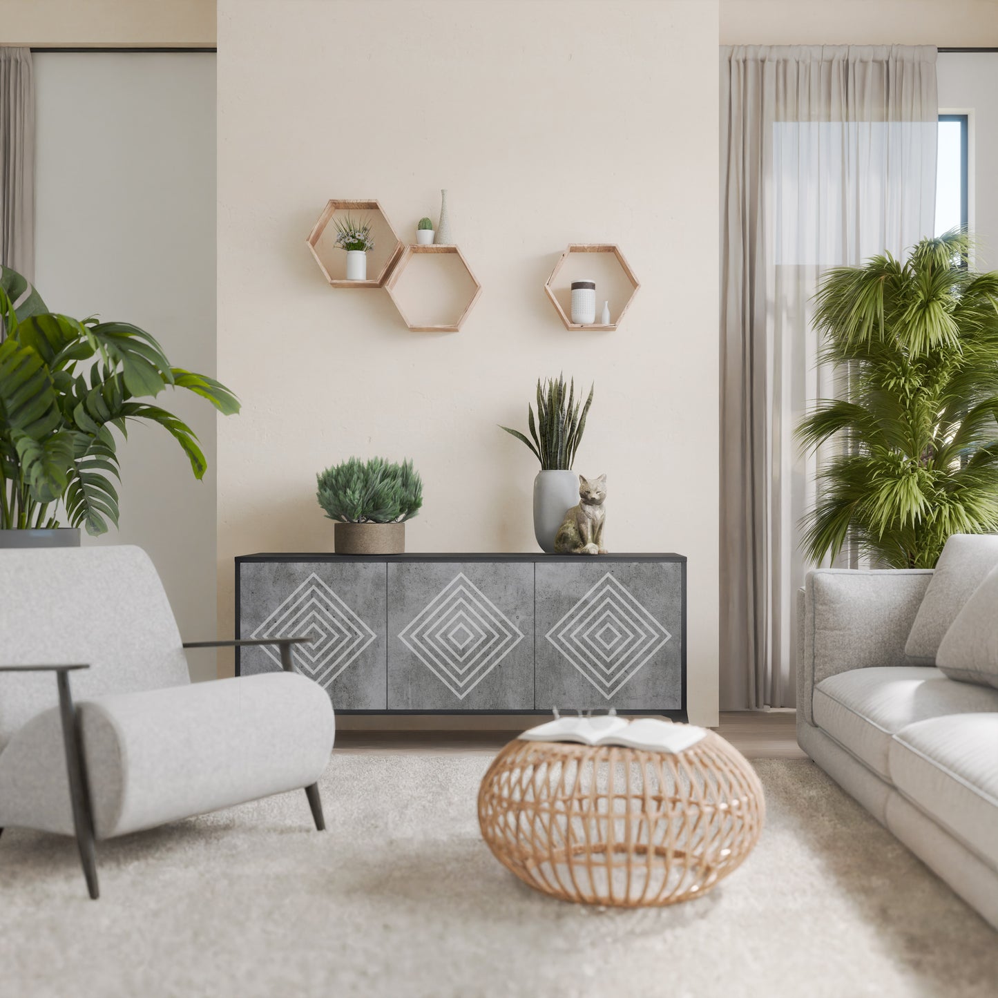 POLYGONAL ARTISTRY 3-dörrars skänk i svart finish