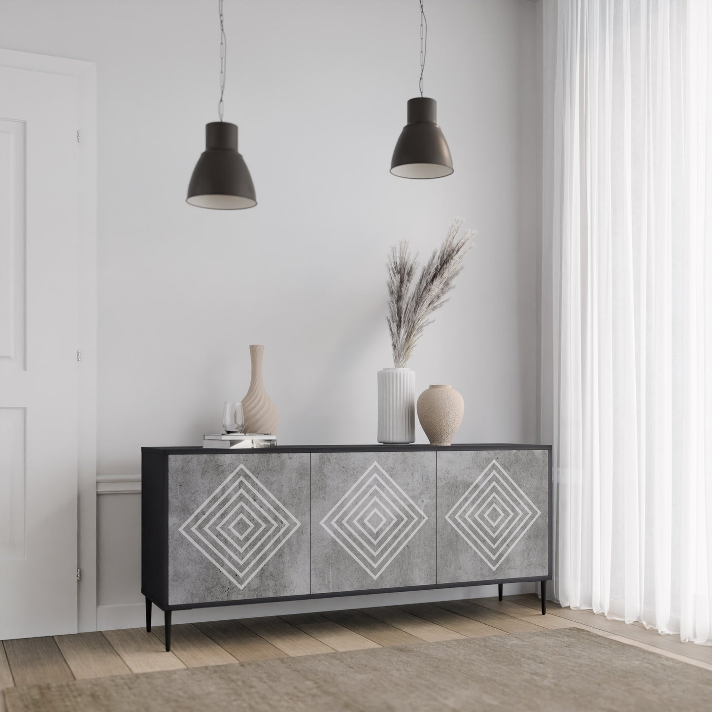 POLYGONAL ARTISTRY 3-dörrars skänk i svart finish