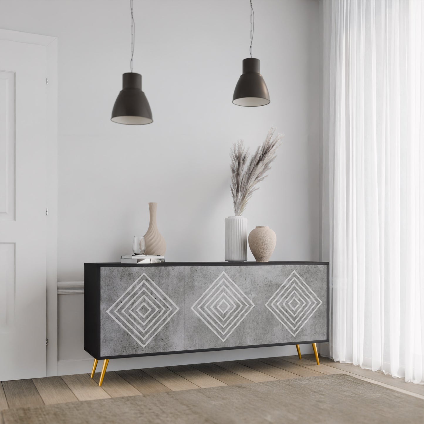 POLYGONAL ARTISTRY 3-dörrars skänk i svart finish