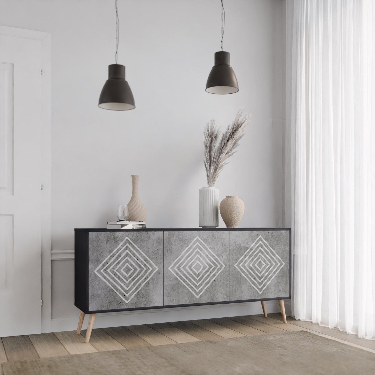 POLYGONAL ARTISTRY 3-dörrars skänk i svart finish