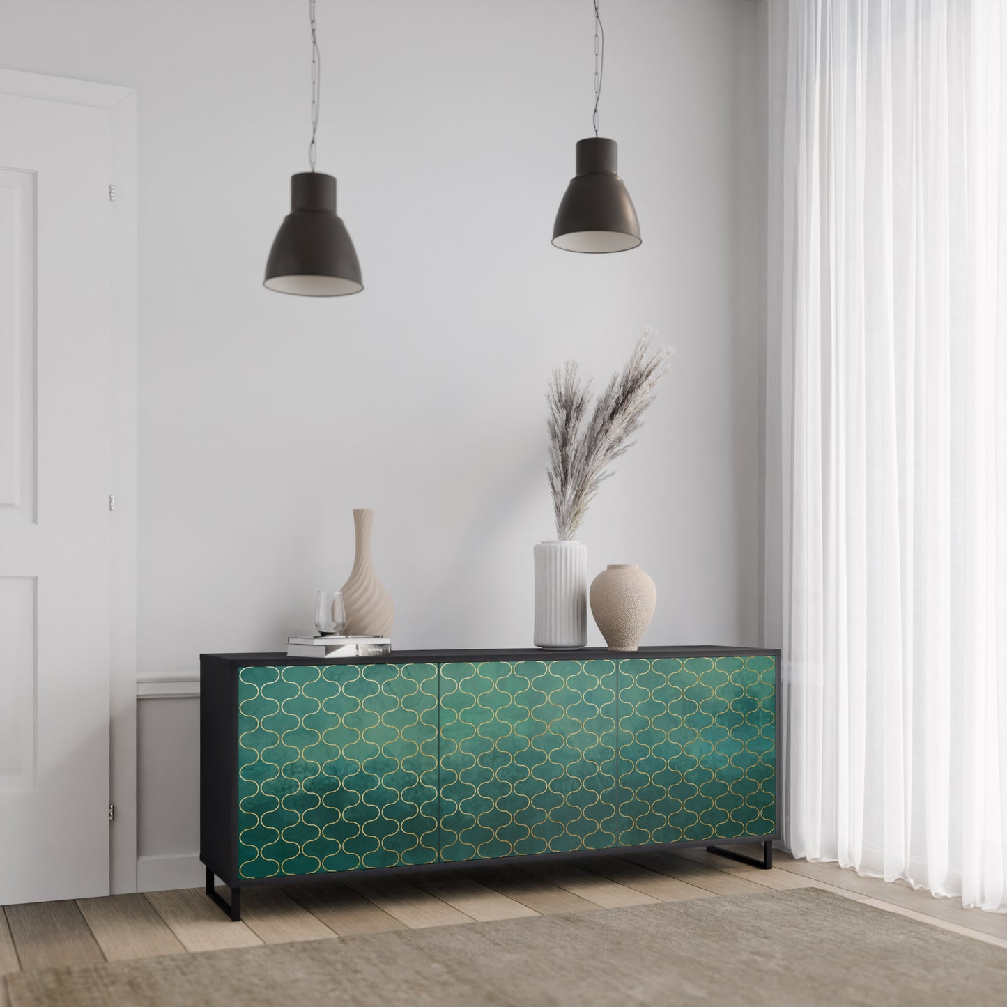 TESSELATED GREENERY 3-Door Sideboard in Black Finish