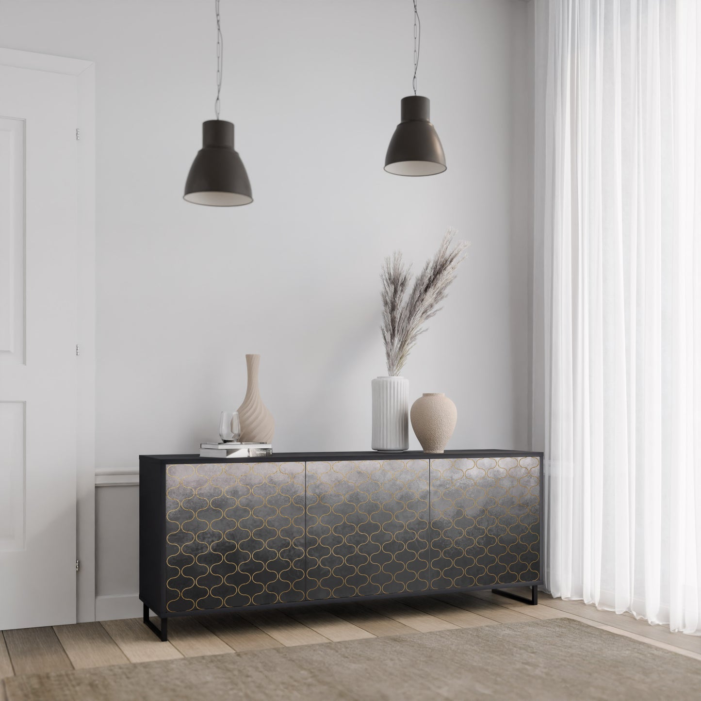 TESSELATED GRÅLIG 3-dörrars skänk i svart finish
