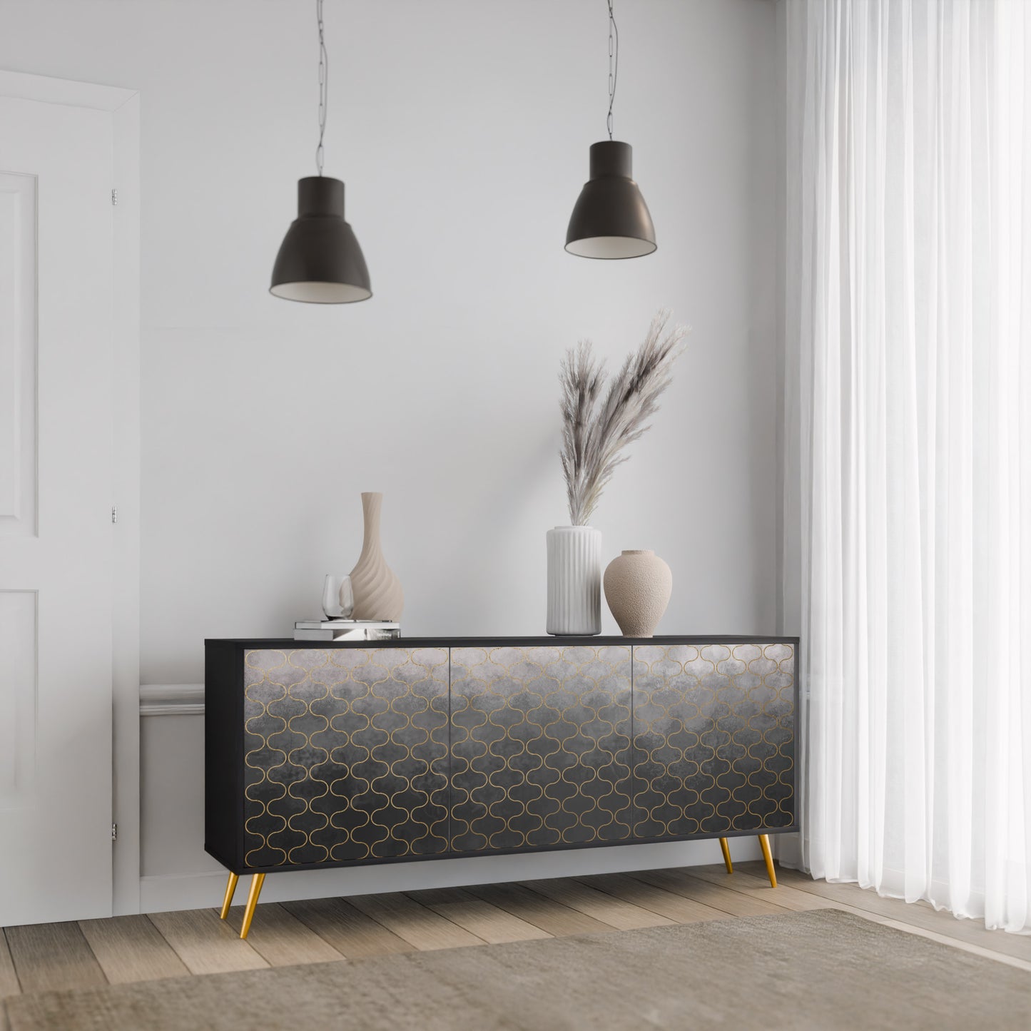 TESSELATED GRÅLIG 3-dörrars skänk i svart finish