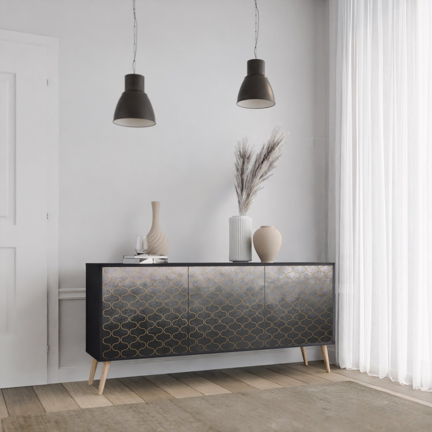 TESSELATED GRÅLIG 3-dörrars skänk i svart finish