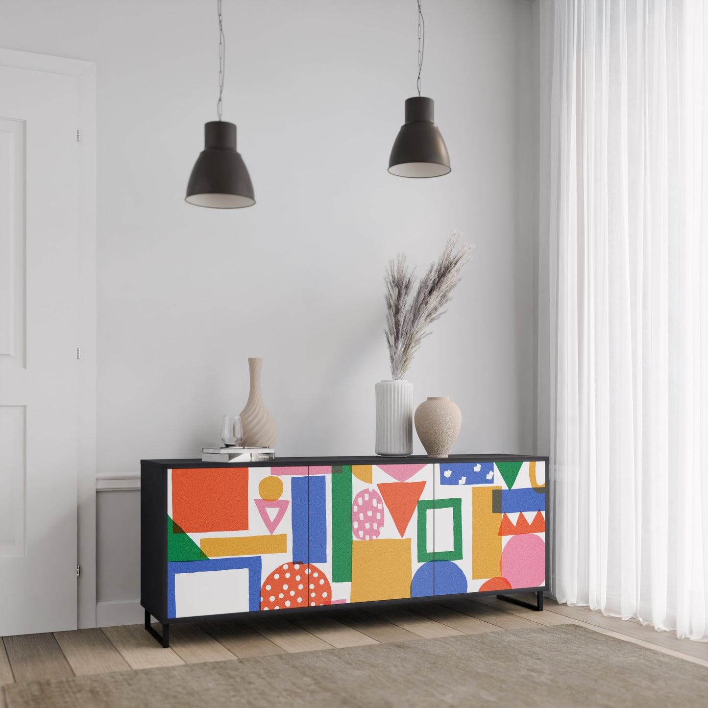 GEOMETRIC GLIMMER 3-dörrars skänk i svart finish