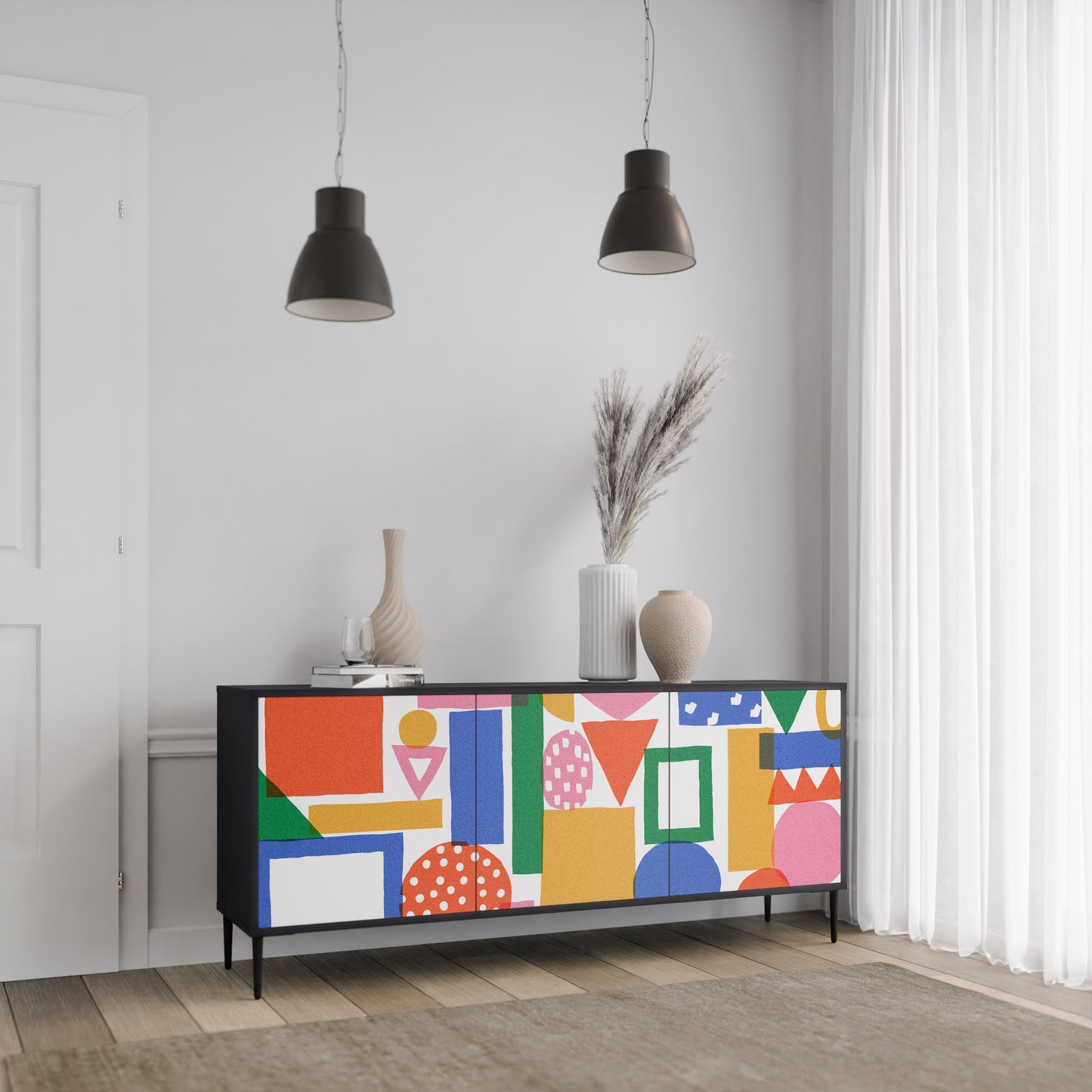 GEOMETRIC GLIMMER 3-dörrars skänk i svart finish