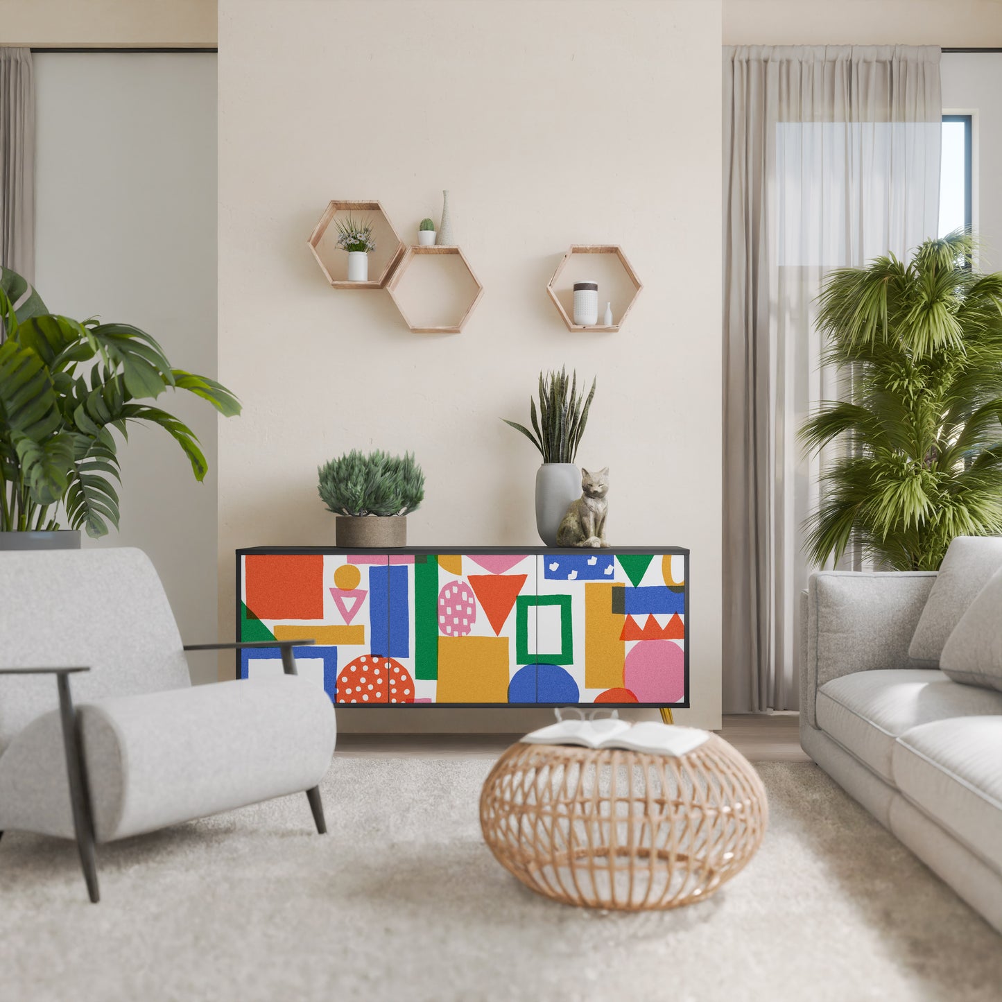 GEOMETRIC GLIMMER 3-dörrars skänk i svart finish