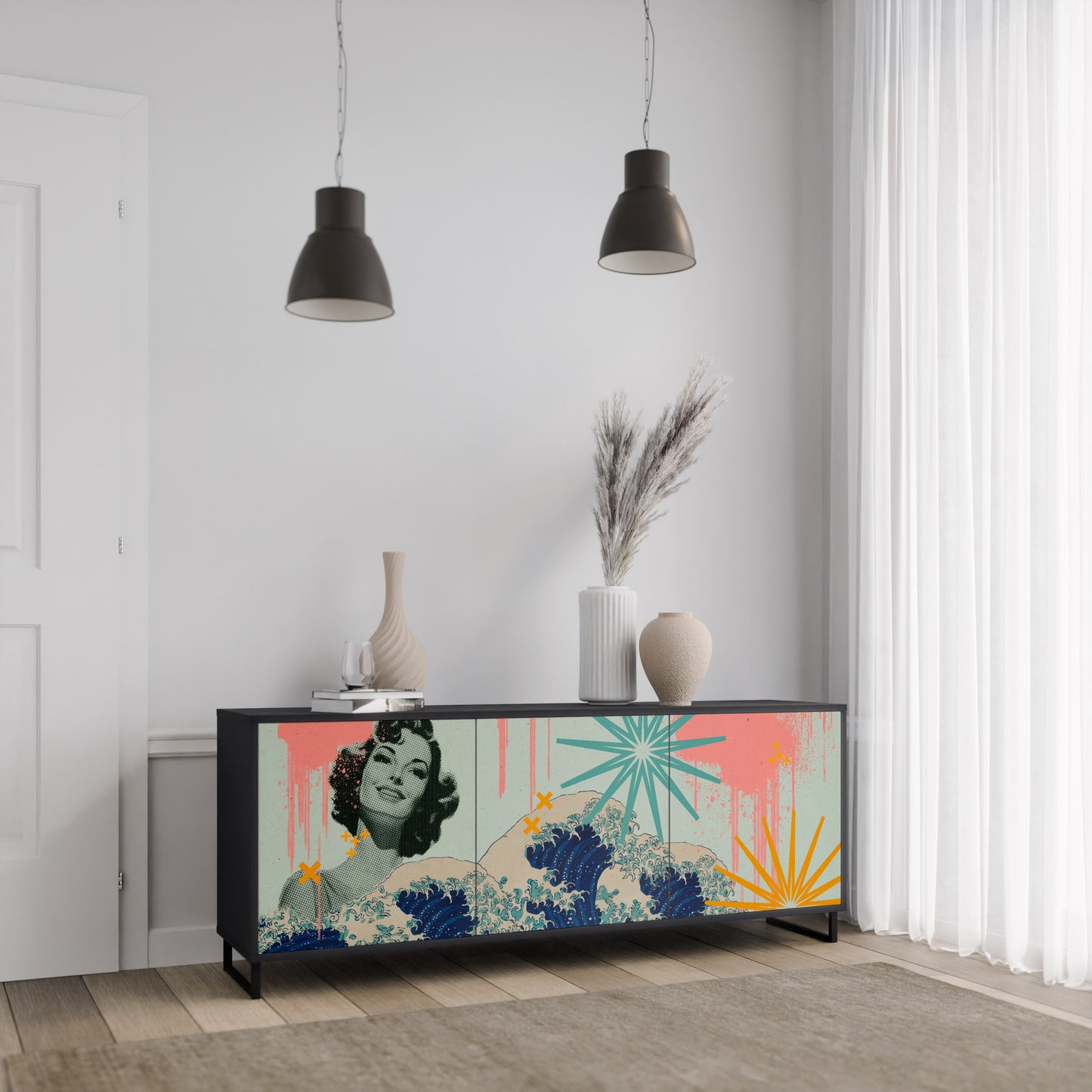 KANAGAWA BEAUTY 3-dörrars skänk i svart finish