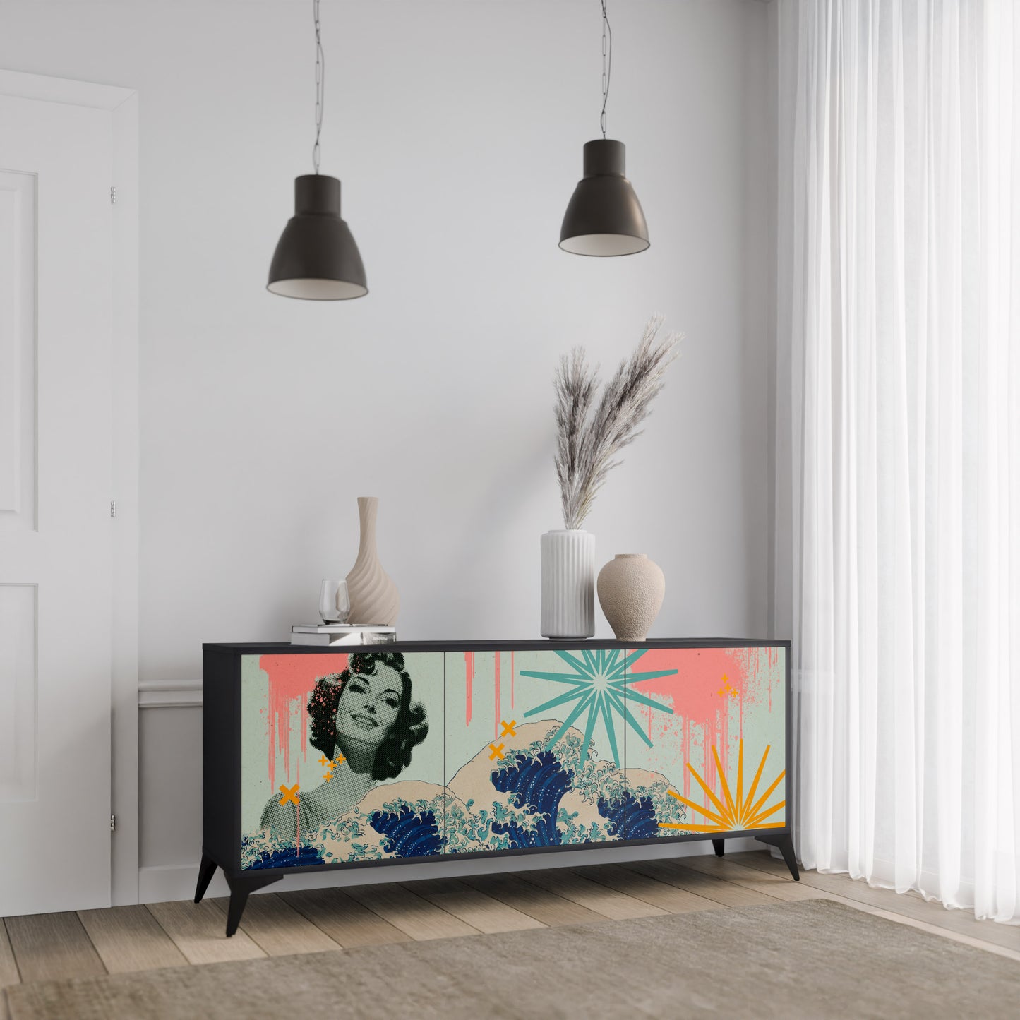 KANAGAWA BEAUTY 3-dörrars skänk i svart finish