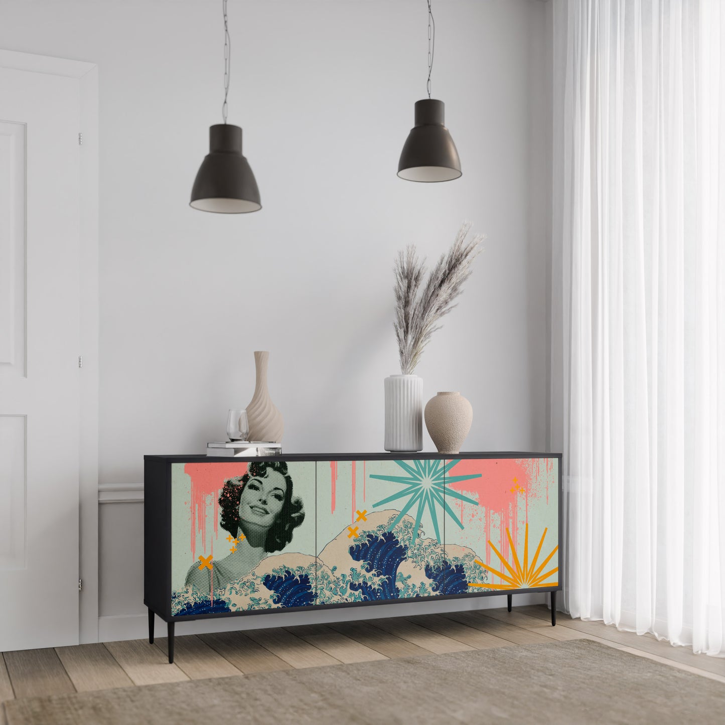 KANAGAWA BEAUTY 3-dörrars skänk i svart finish