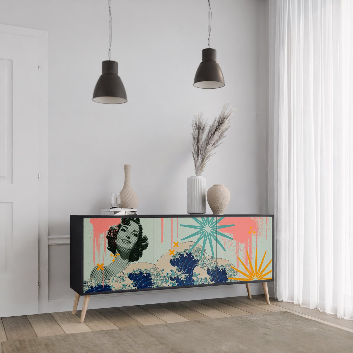 KANAGAWA BEAUTY 3-dörrars skänk i svart finish