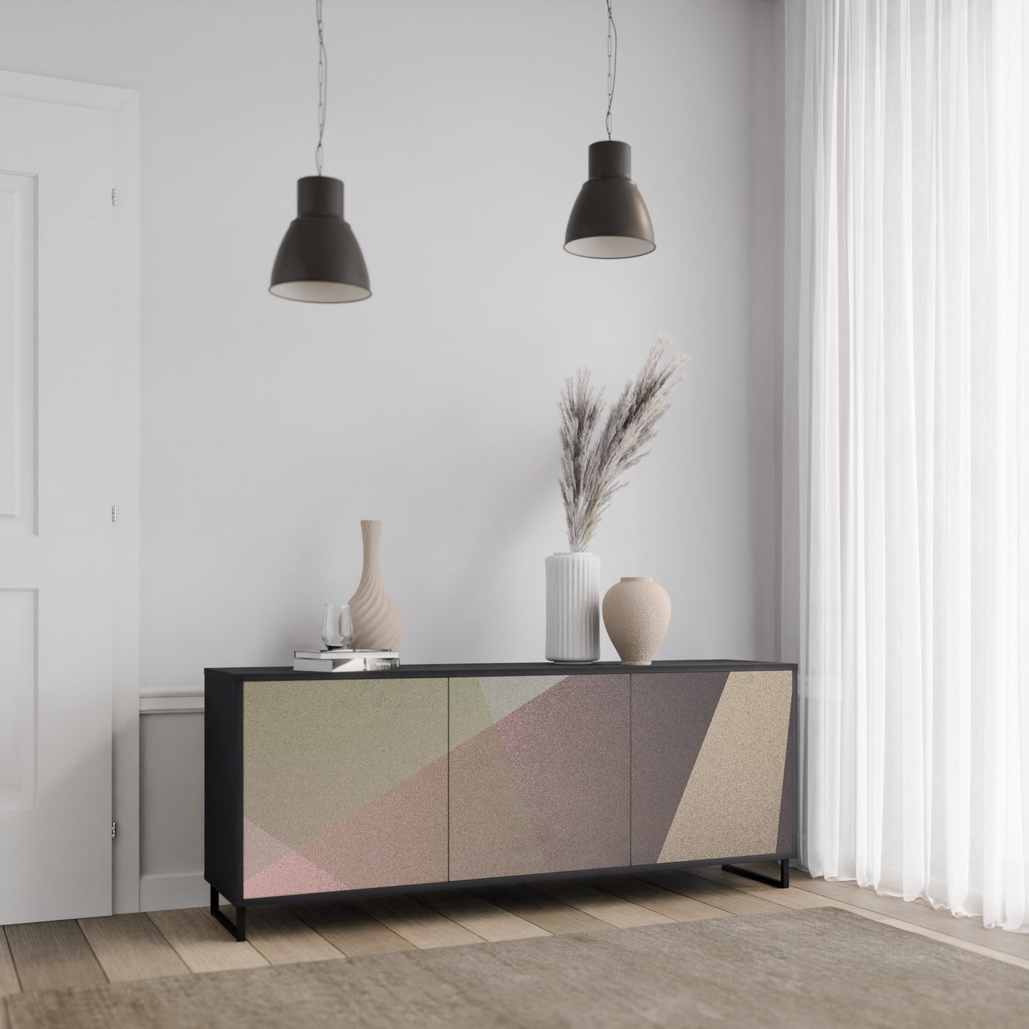 BEIGE GEOMETRY 3-dörrars skänk i svart finish