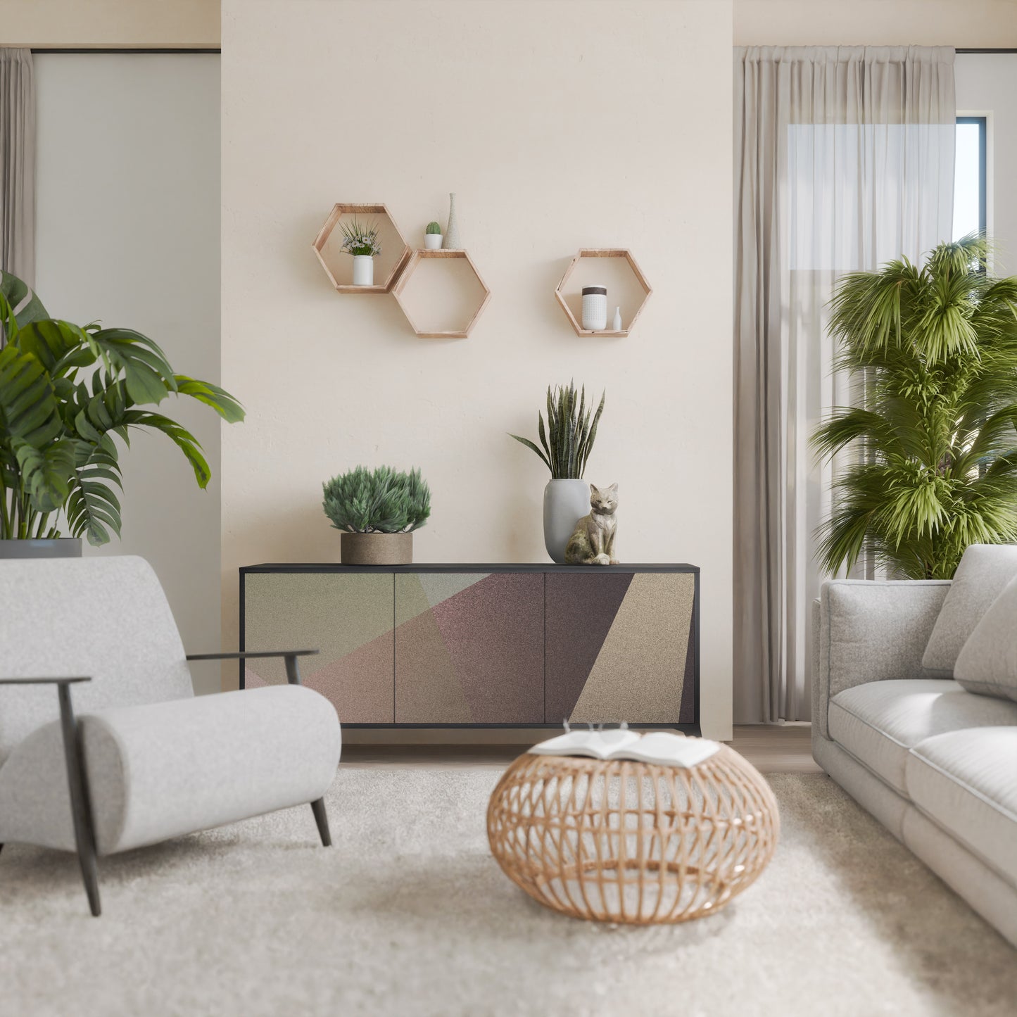BEIGE GEOMETRY 3-dörrars skänk i svart finish