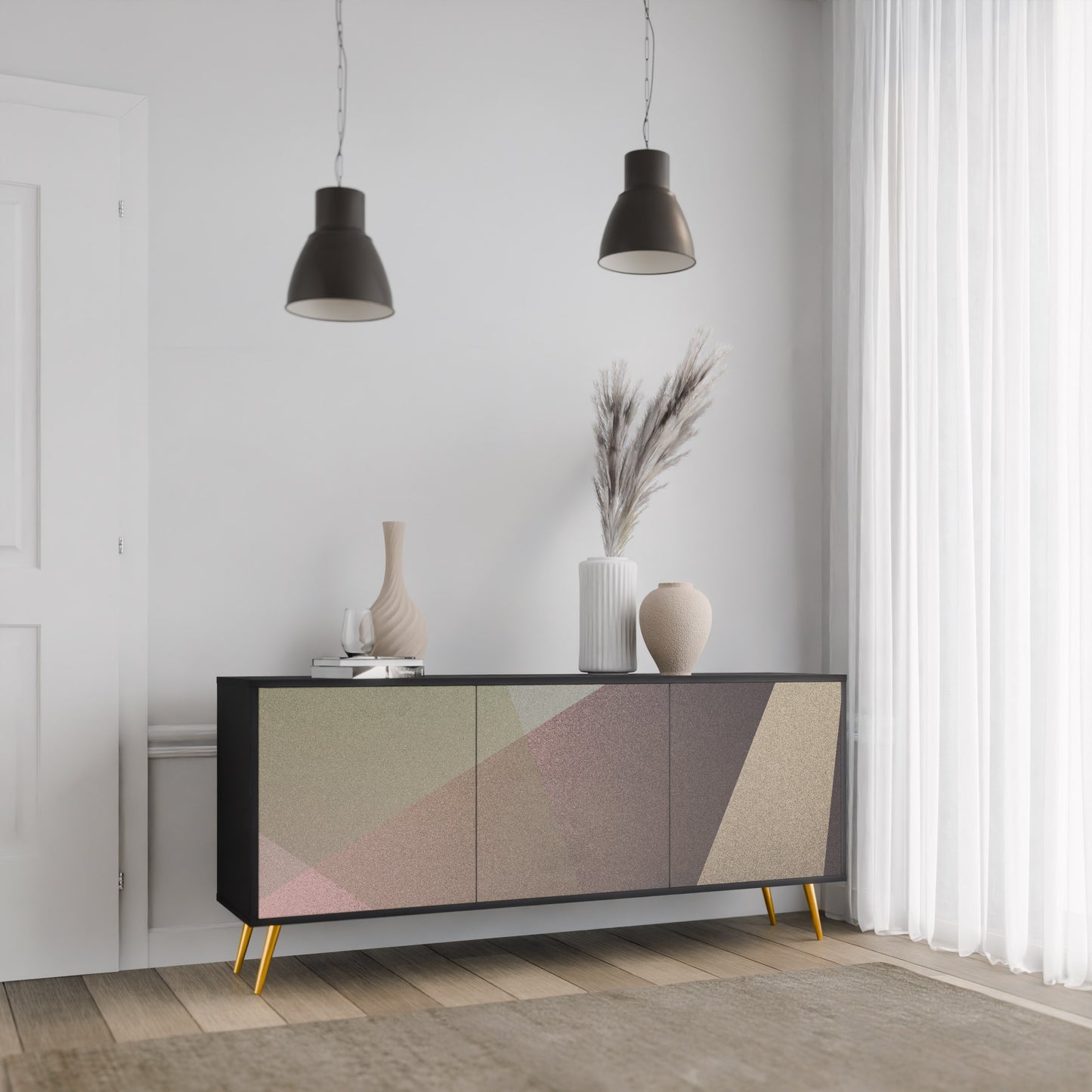 BEIGE GEOMETRY 3-dörrars skänk i svart finish