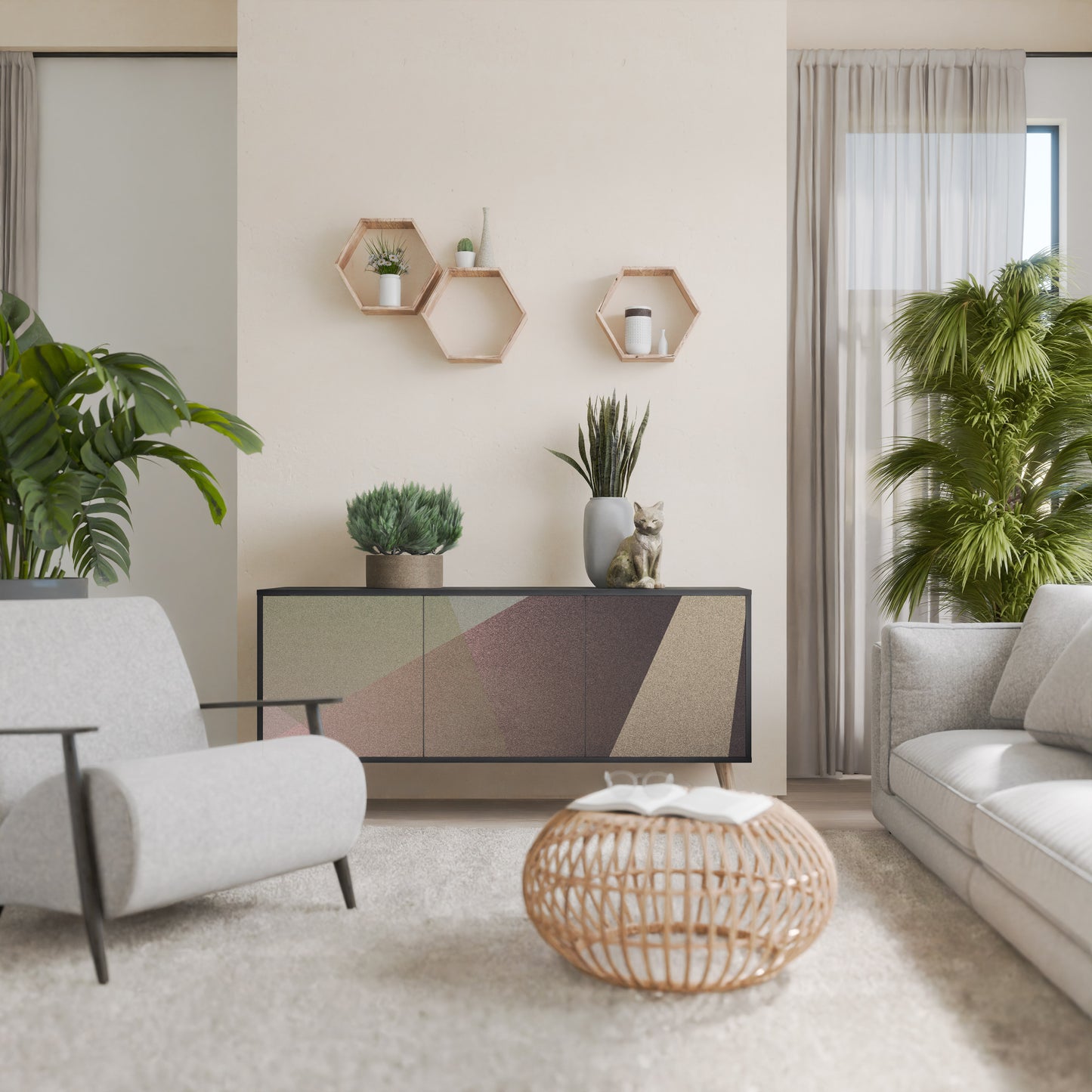 BEIGE GEOMETRY 3-dörrars skänk i svart finish