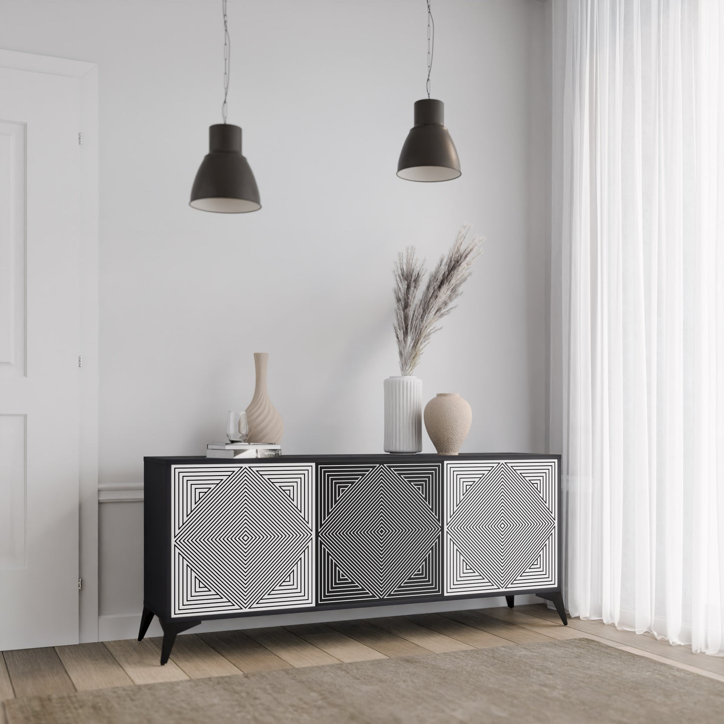 POLYGON ILLUSION 3-Door Sideboard in Black Finish