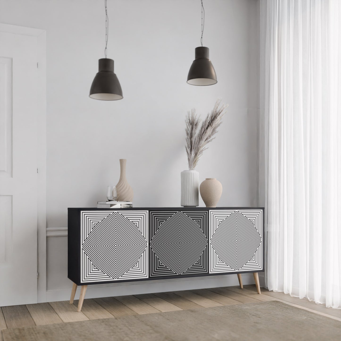 POLYGON ILLUSION 3-Door Sideboard in Black Finish