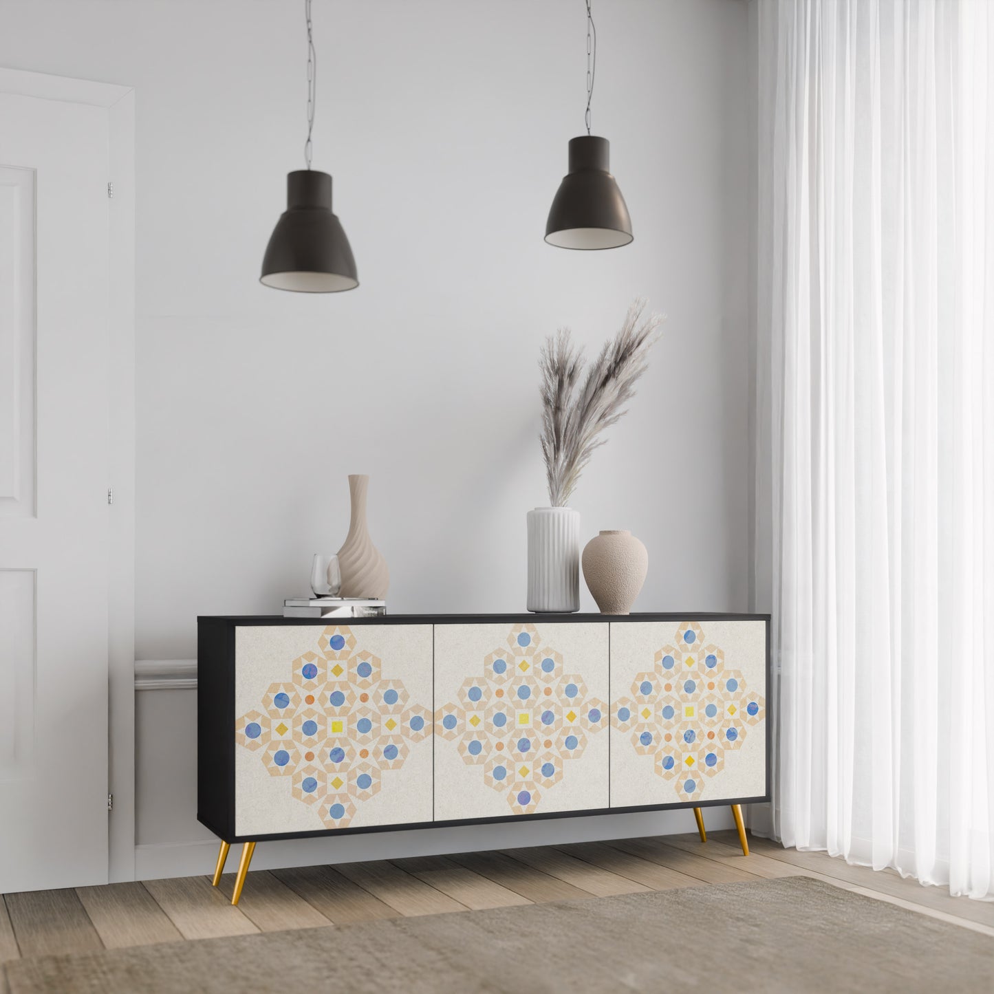 PATTERNED PRISM 3-Door Sideboard in Black Finish