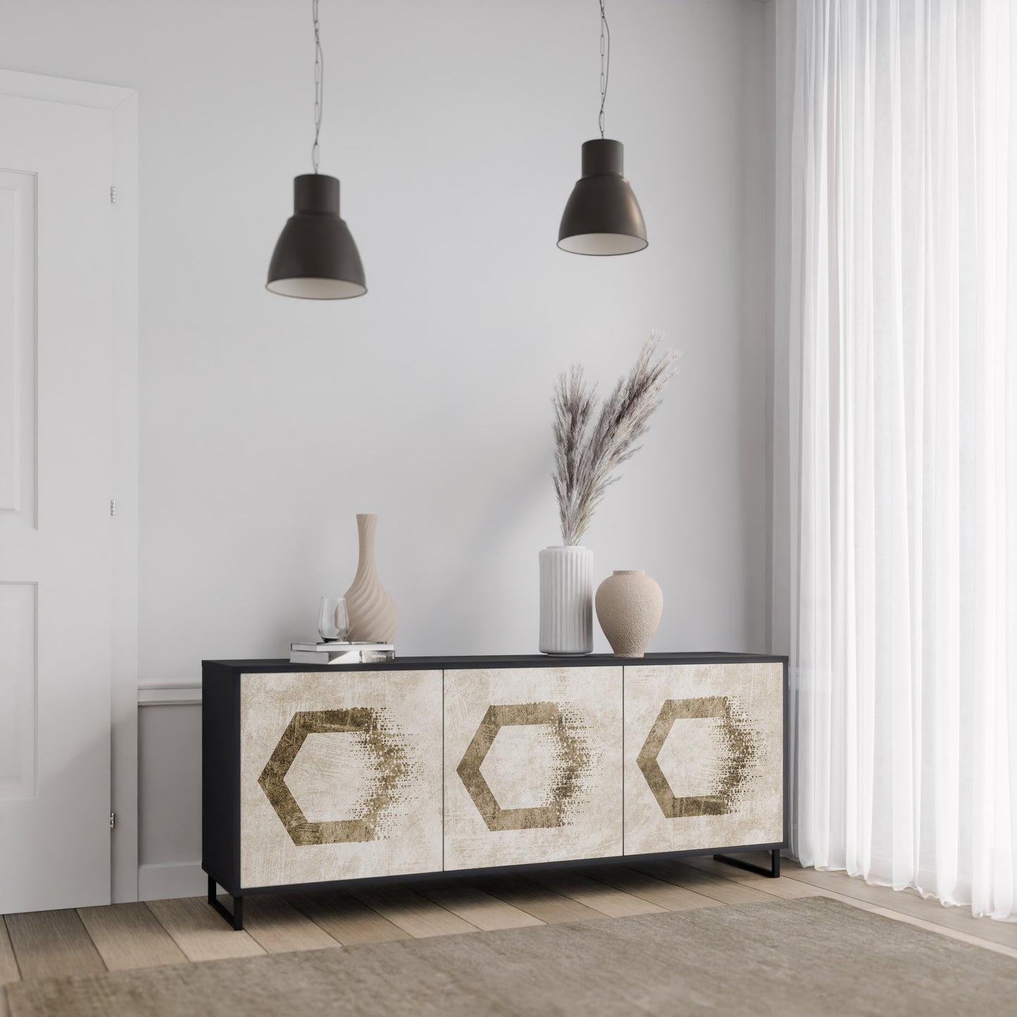 HEXAGONALA FORMAR 3-dörrars skänk i svart finish