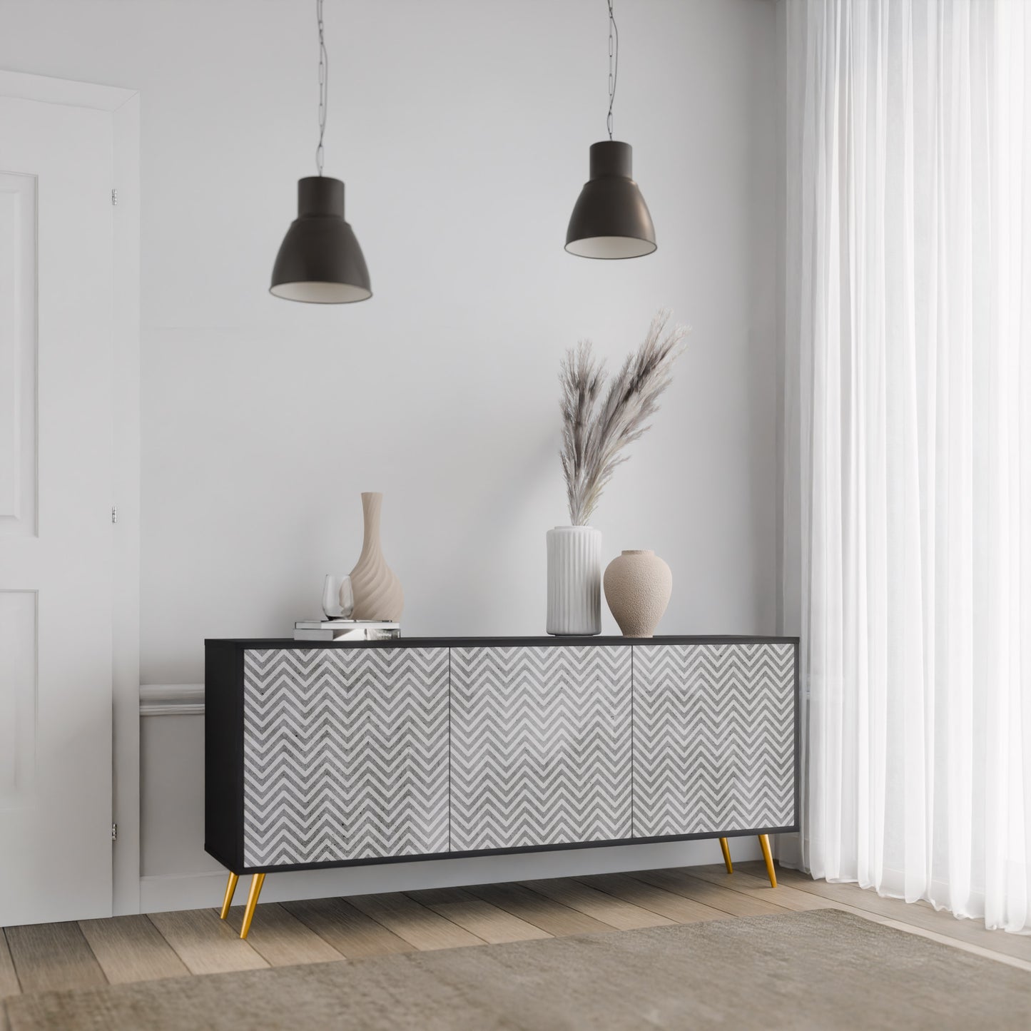 CONCRETE ZIG ZAG 3-Door Sideboard in Black Finish