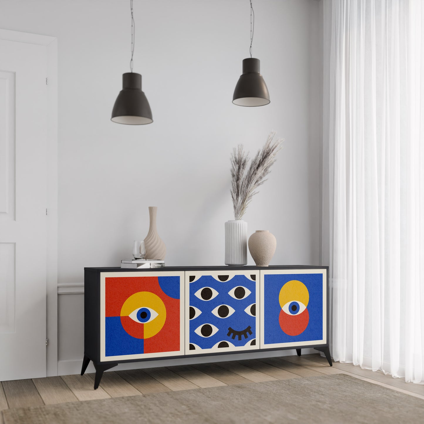GEOMETRIC EYES 3-dörrars skänk i svart finish