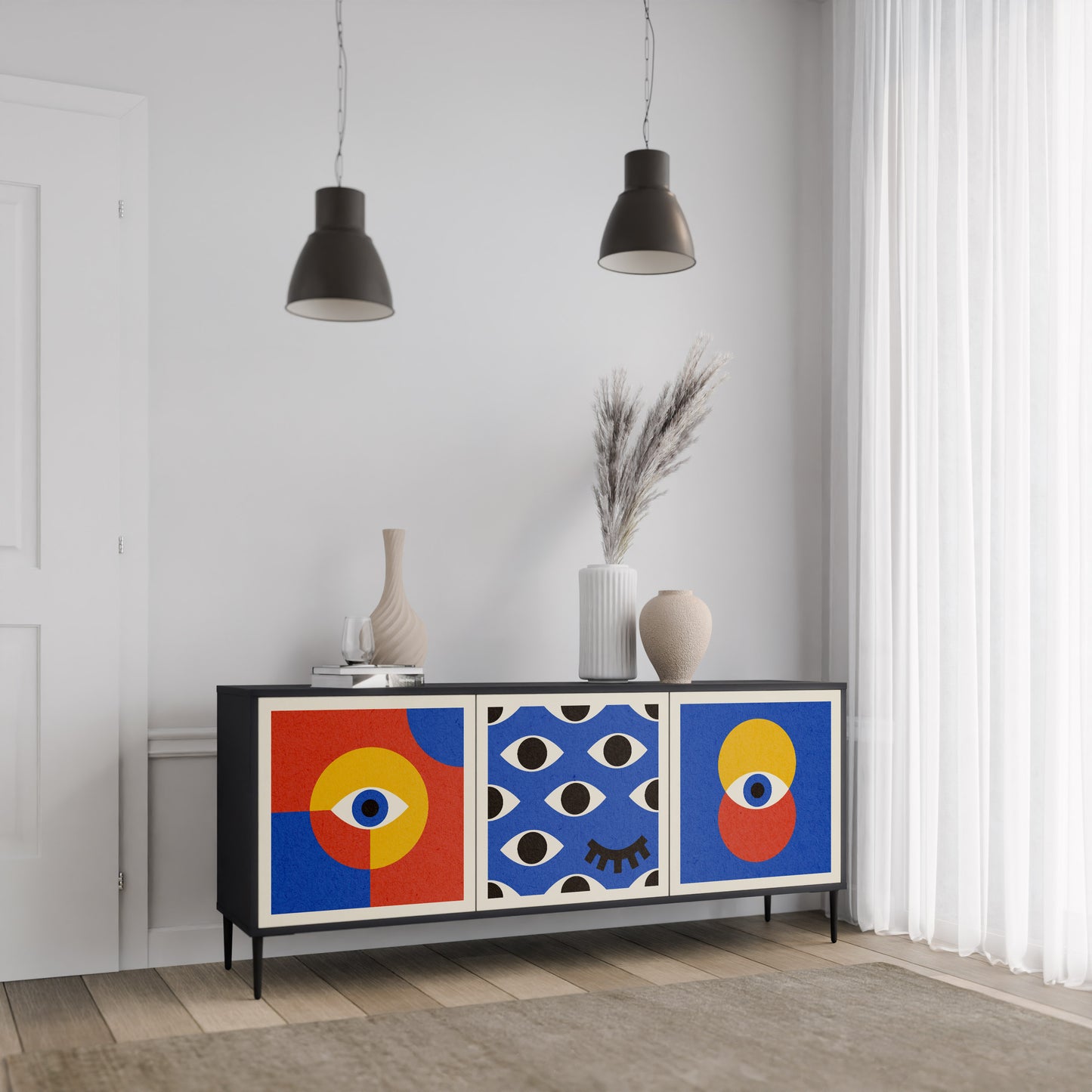 GEOMETRIC EYES 3-dörrars skänk i svart finish