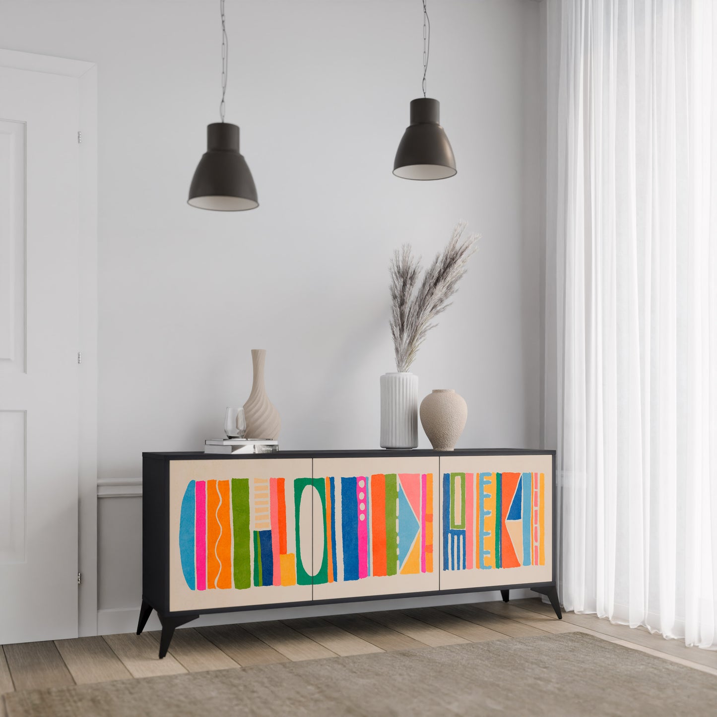 GEOMETRIC SHINE 3-dörrars skänk i svart finish