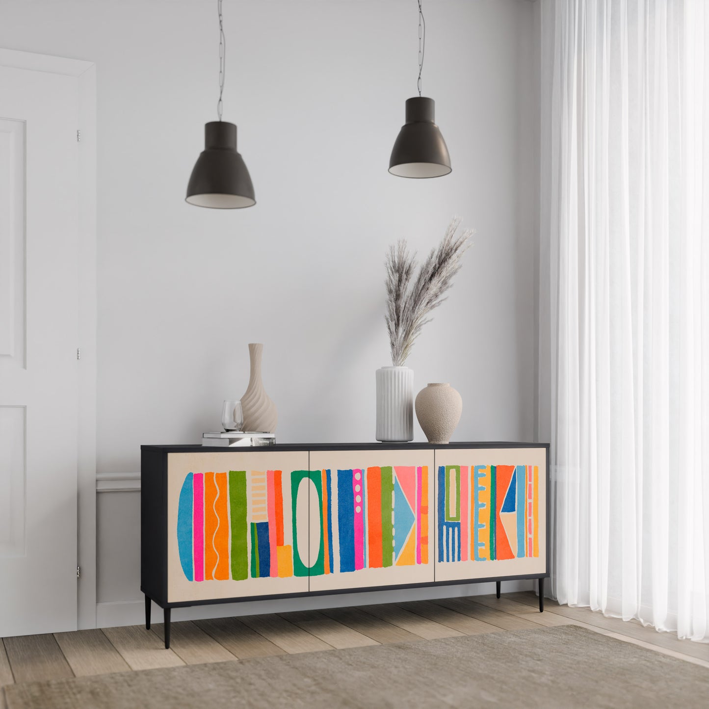 GEOMETRIC SHINE 3-dörrars skänk i svart finish