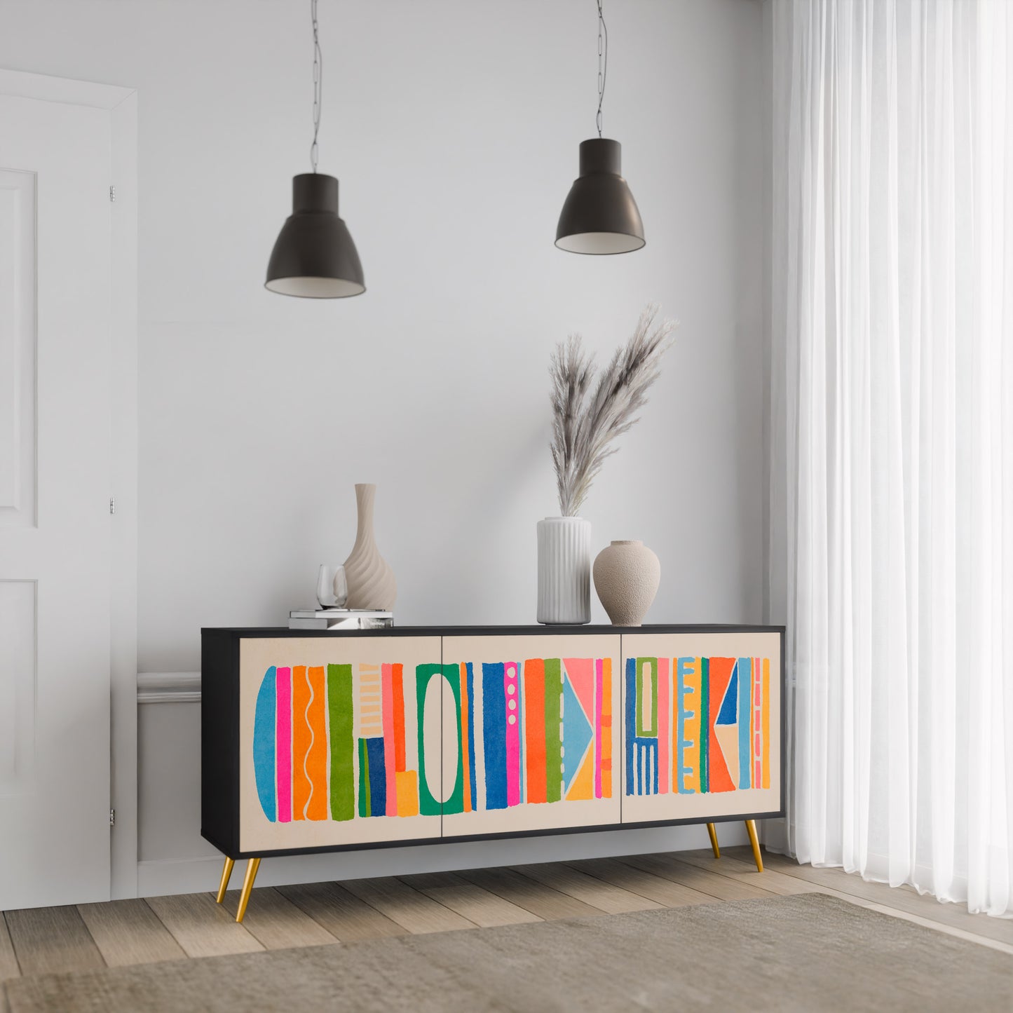 GEOMETRIC SHINE 3-dörrars skänk i svart finish