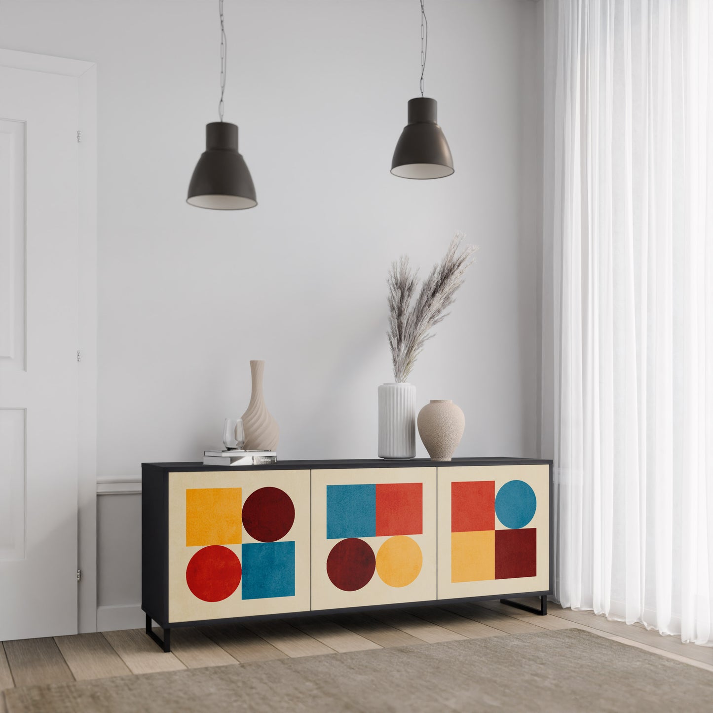 GEOMETRIC PUZZLE 3-dörrars skänk i svart finish