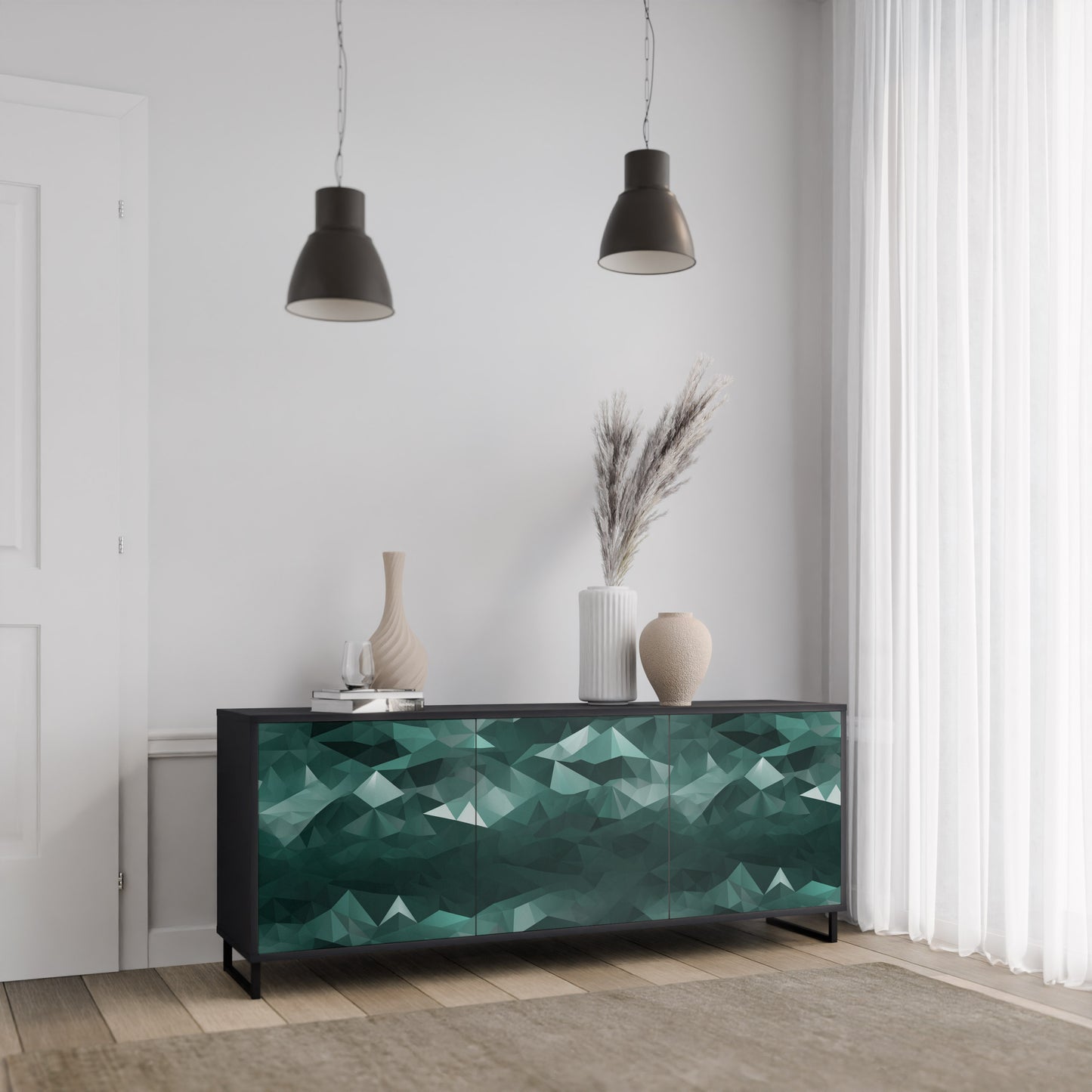 POLYGONAL FLYTANDE 3-dörrars skänk i svart finish