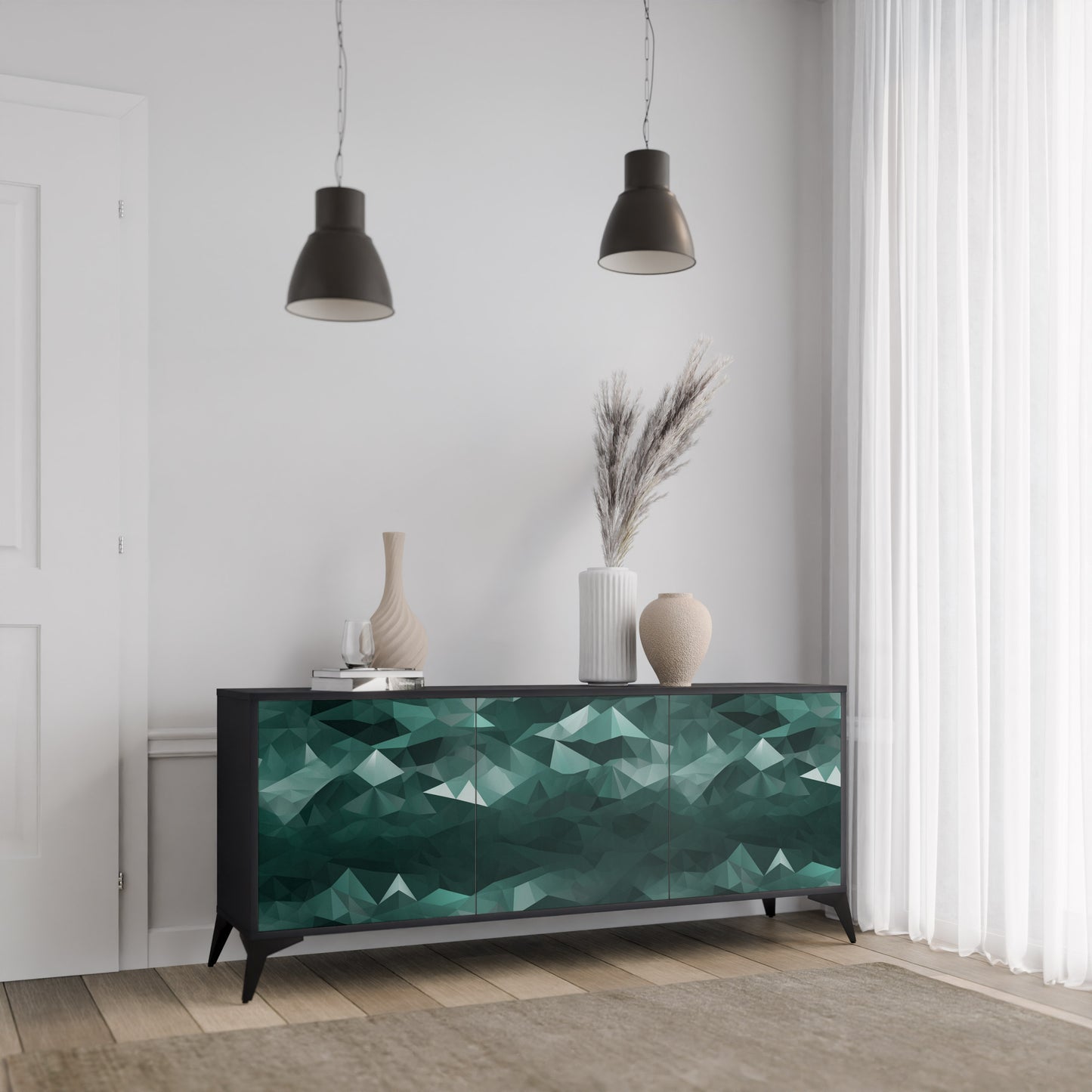 POLYGONAL FLYTANDE 3-dörrars skänk i svart finish