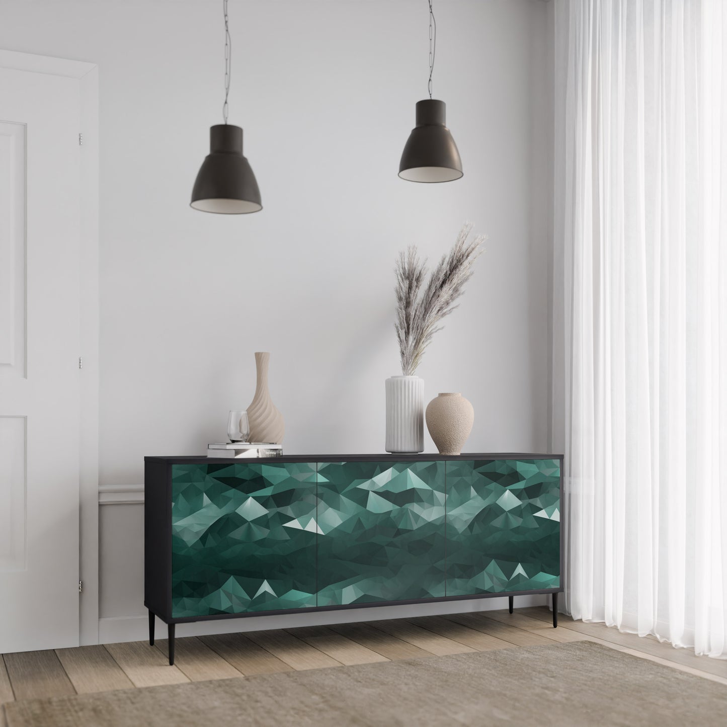 POLYGONAL FLYTANDE 3-dörrars skänk i svart finish