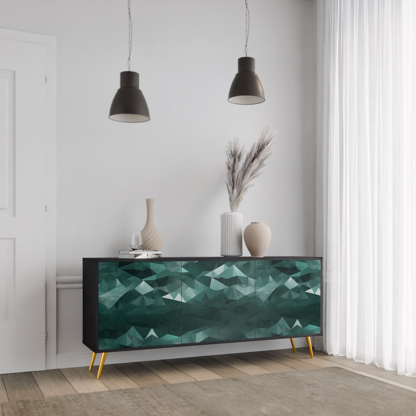POLYGONAL FLYTANDE 3-dörrars skänk i svart finish