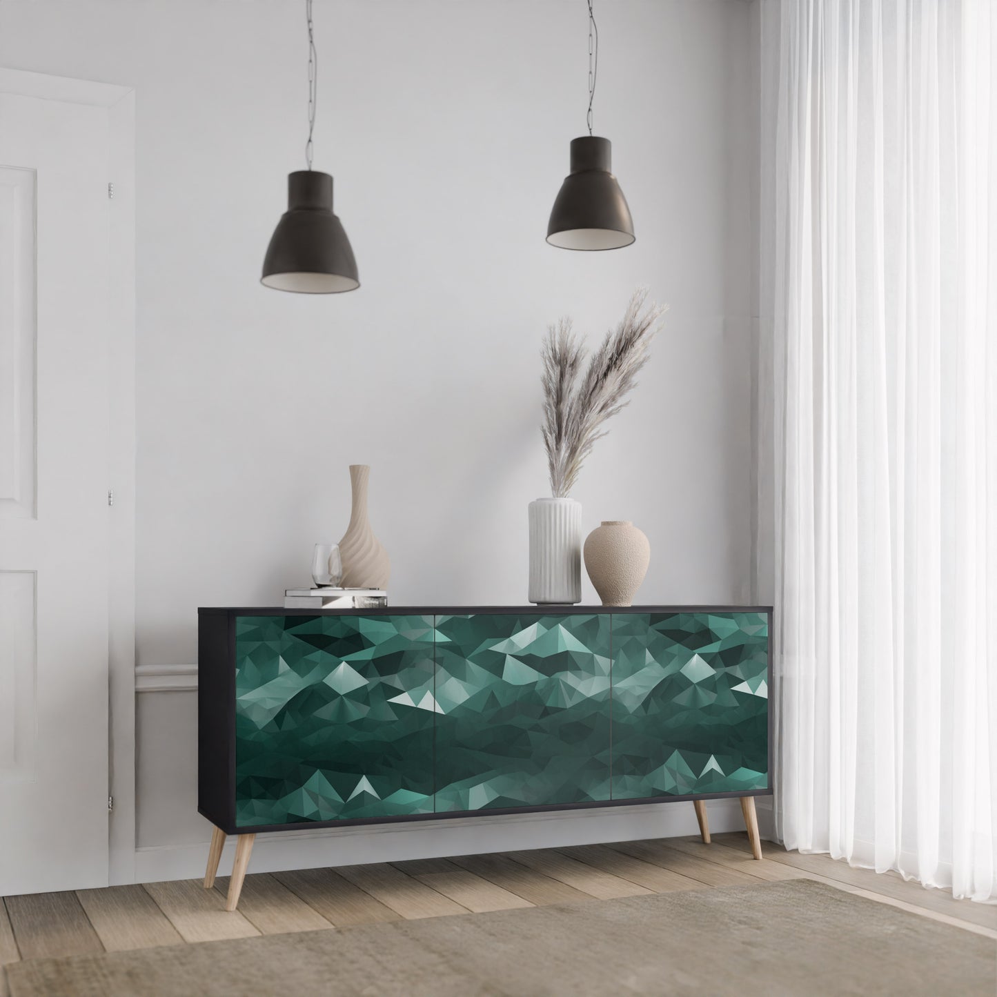 POLYGONAL FLYTANDE 3-dörrars skänk i svart finish