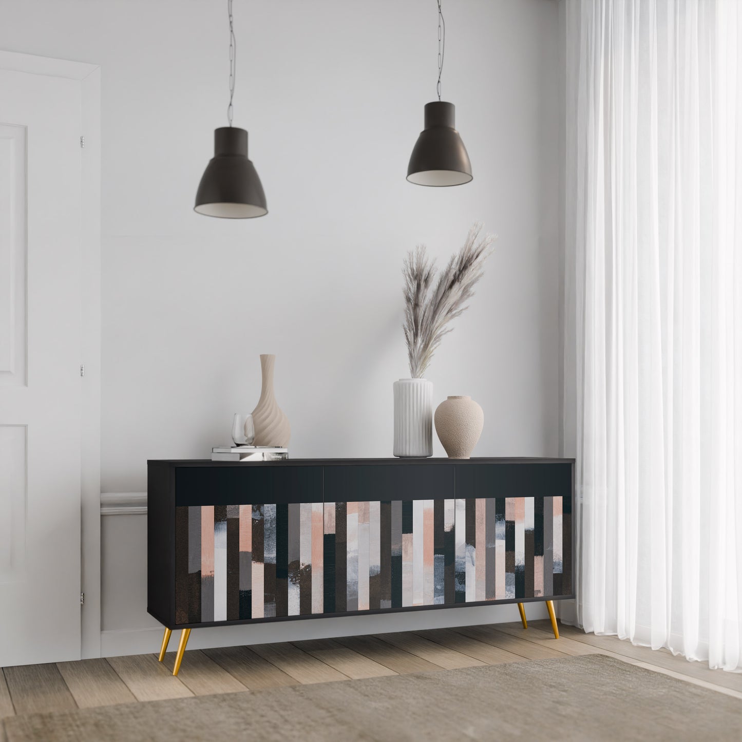 COLLAGE OF RECTANGLES 3-Door Sideboard in Black Finish