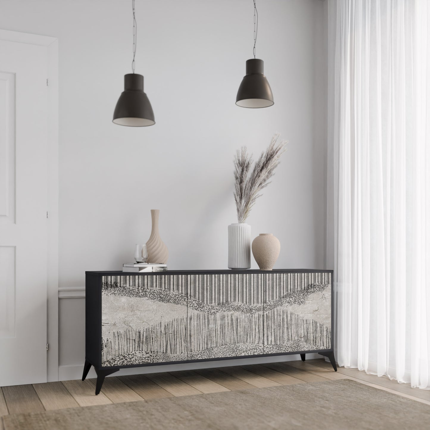 GRAIN LINES 3-dörrars skänk i svart finish
