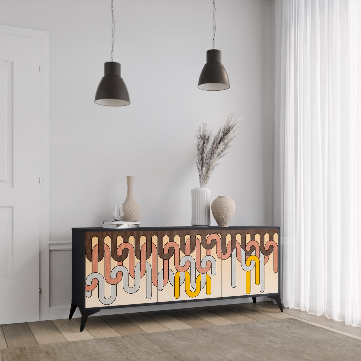 COLORFUL STRINGS 3-Door Sideboard in Black Finish