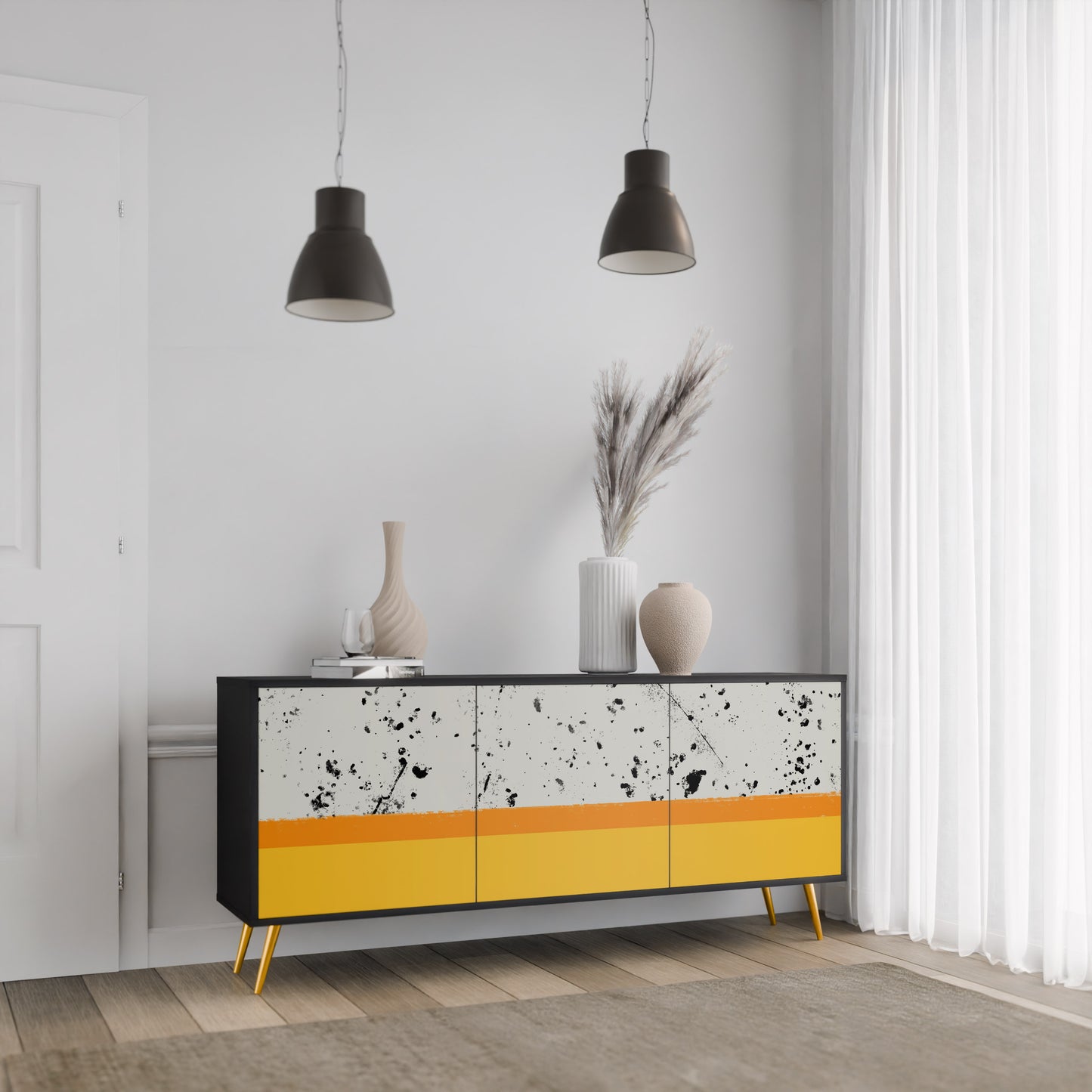 FÄRGAD AV ORANGE 3-dörrars skänk i svart finish