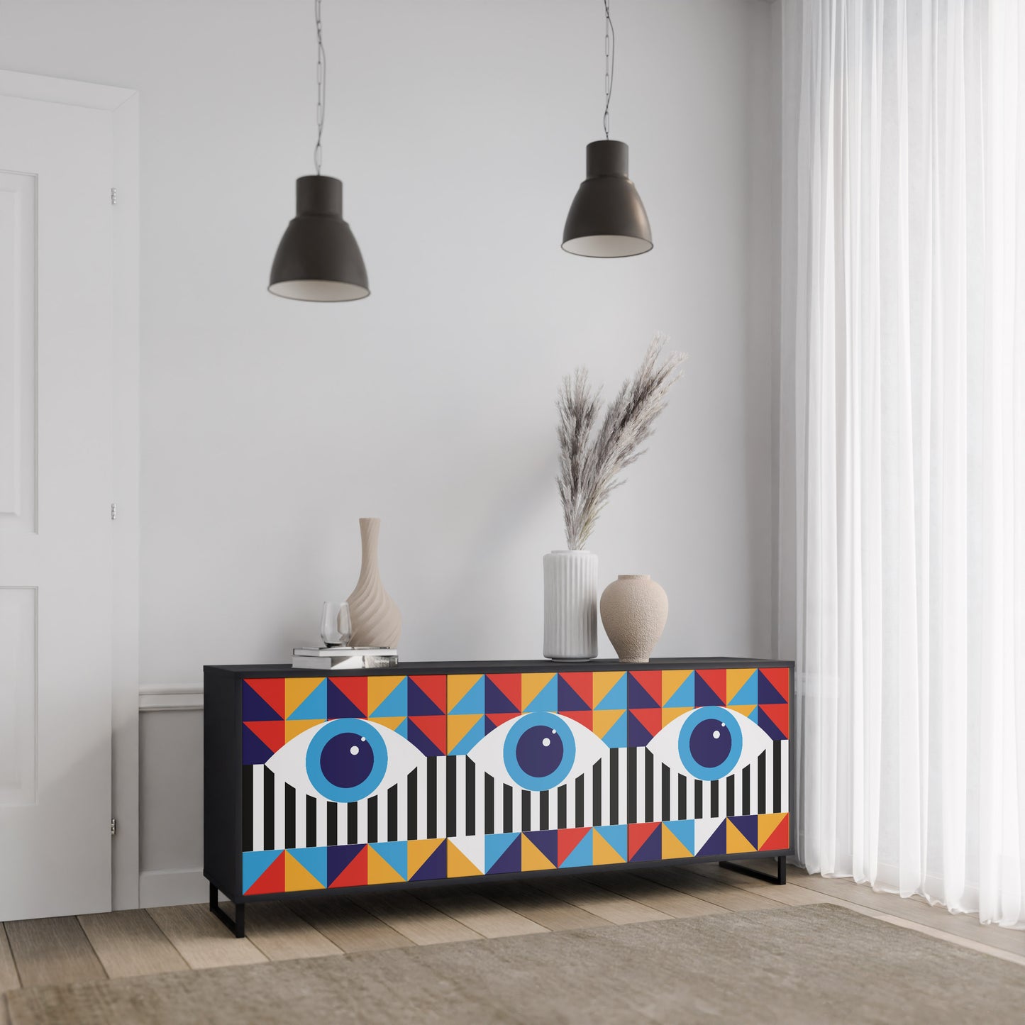 ABSTRAKTION OCH GEOMETRI 3-dörrars skänk i svart finish