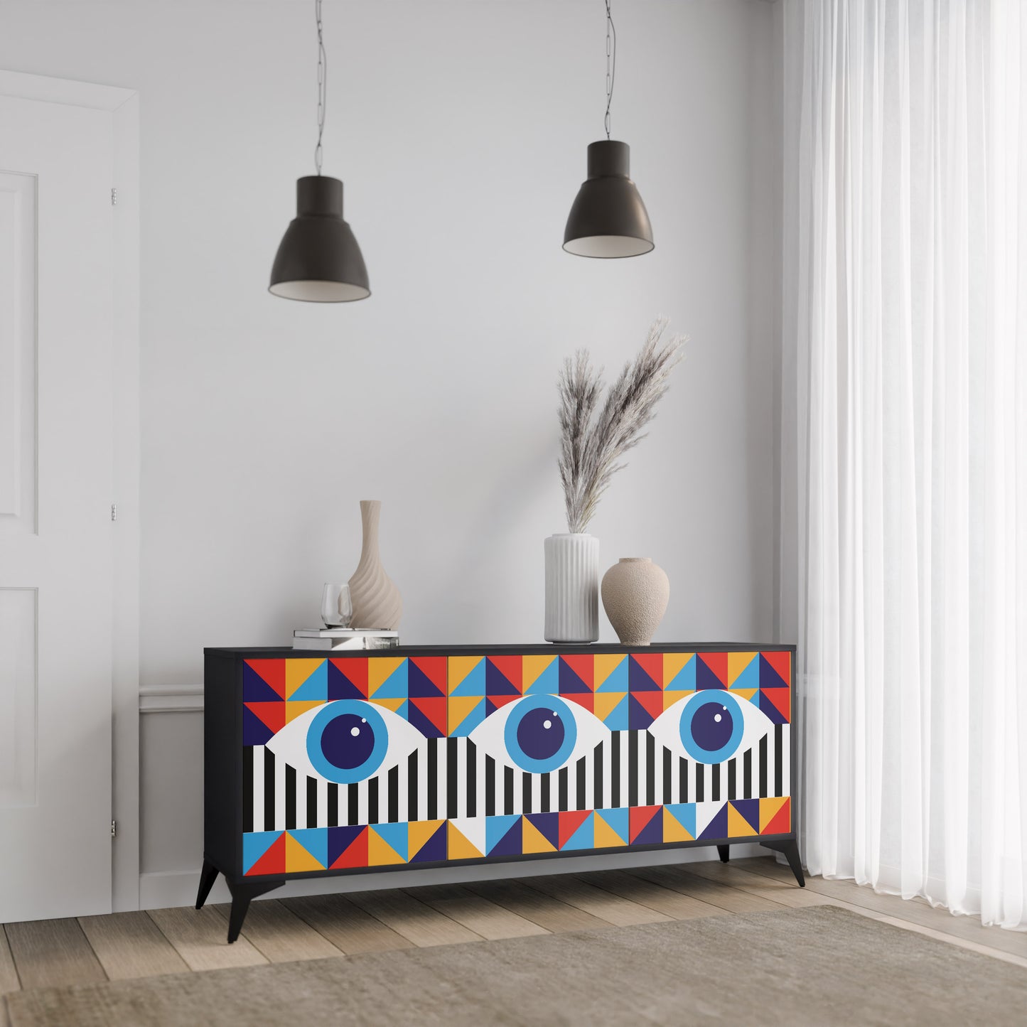 ABSTRAKTION OCH GEOMETRI 3-dörrars skänk i svart finish