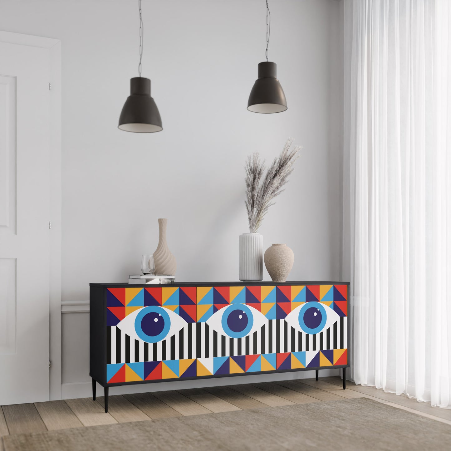 ABSTRAKTION OCH GEOMETRI 3-dörrars skänk i svart finish