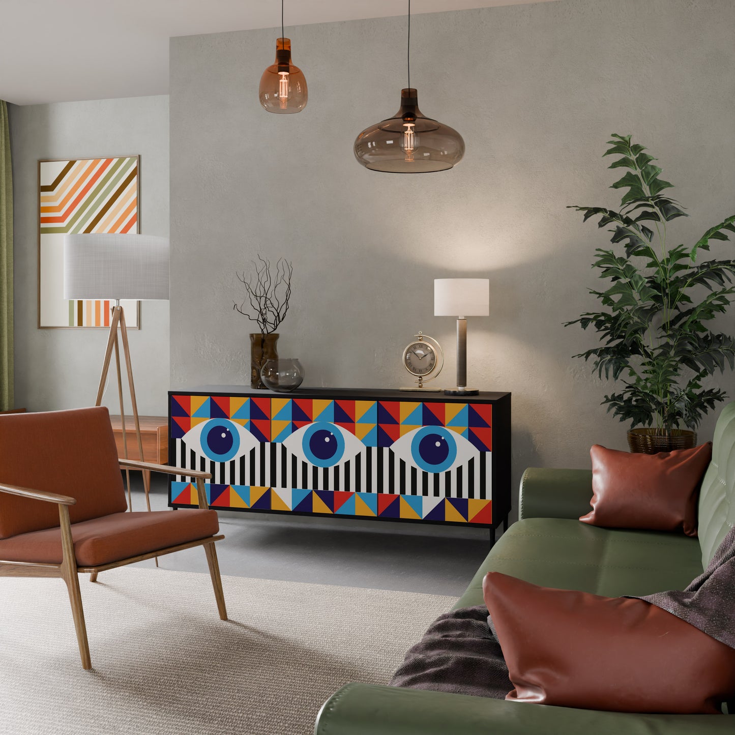 ABSTRAKTION OCH GEOMETRI 3-dörrars skänk i svart finish