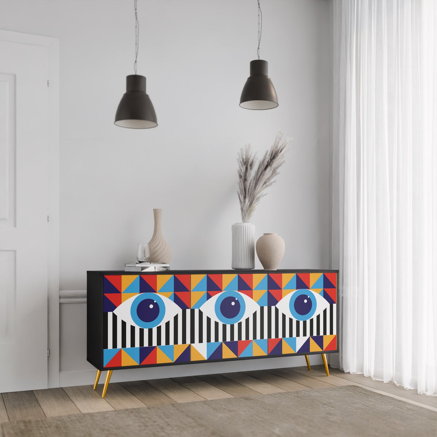 ABSTRAKTION OCH GEOMETRI 3-dörrars skänk i svart finish