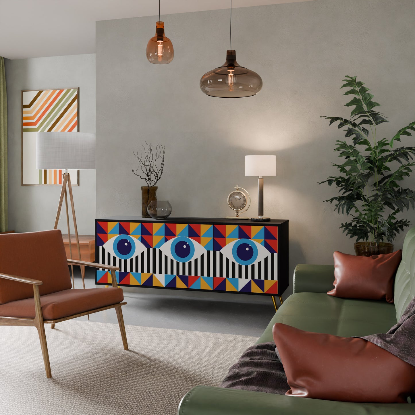 ABSTRAKTION OCH GEOMETRI 3-dörrars skänk i svart finish
