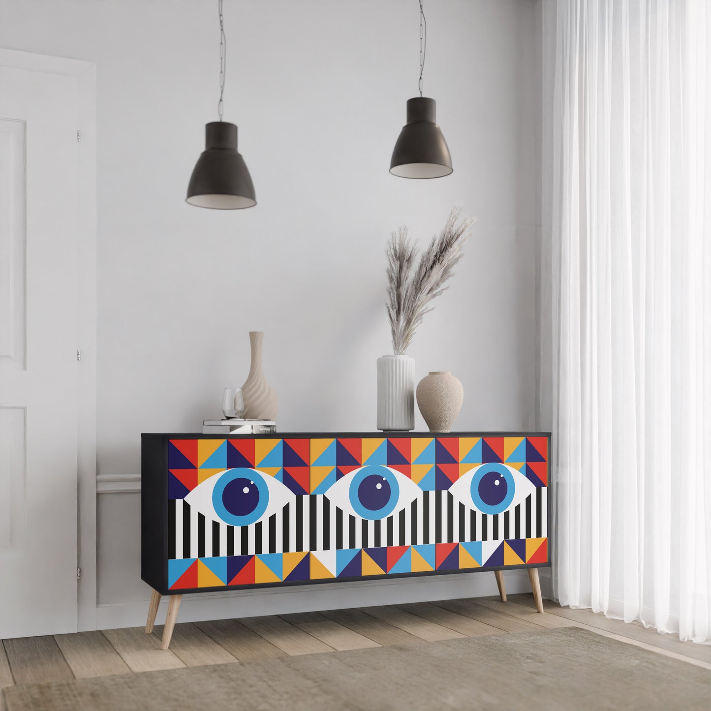 ABSTRAKTION OCH GEOMETRI 3-dörrars skänk i svart finish